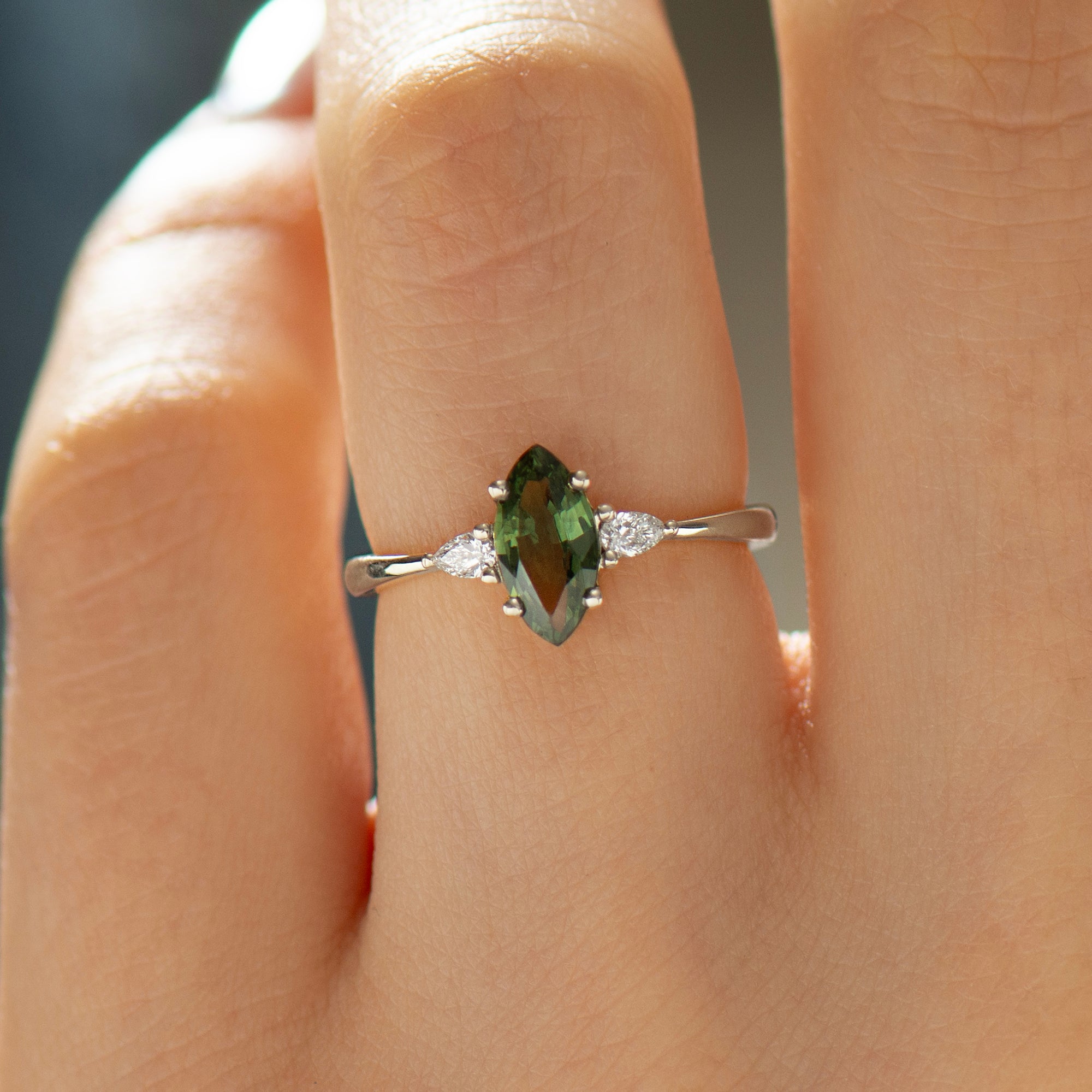 Green Sapphire Engagement Ring - Marquise