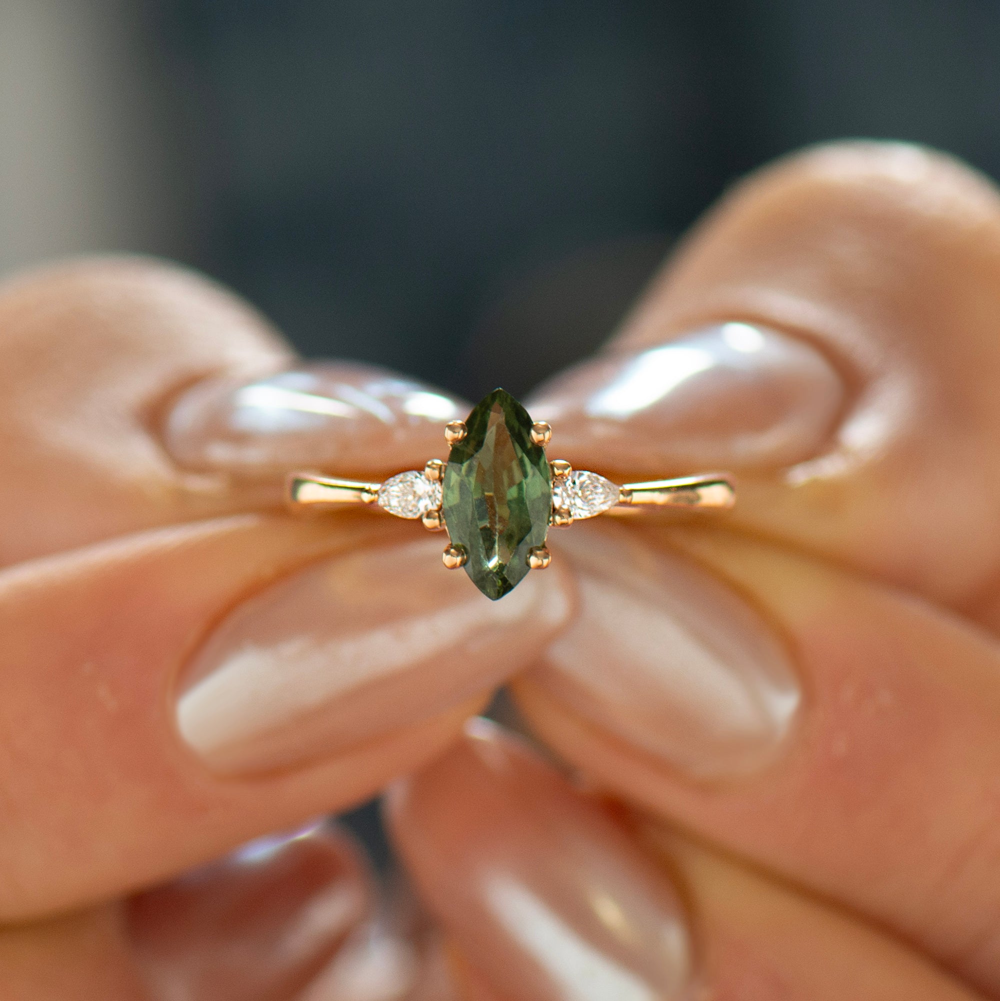 Green Sapphire Engagement Ring - Marquise