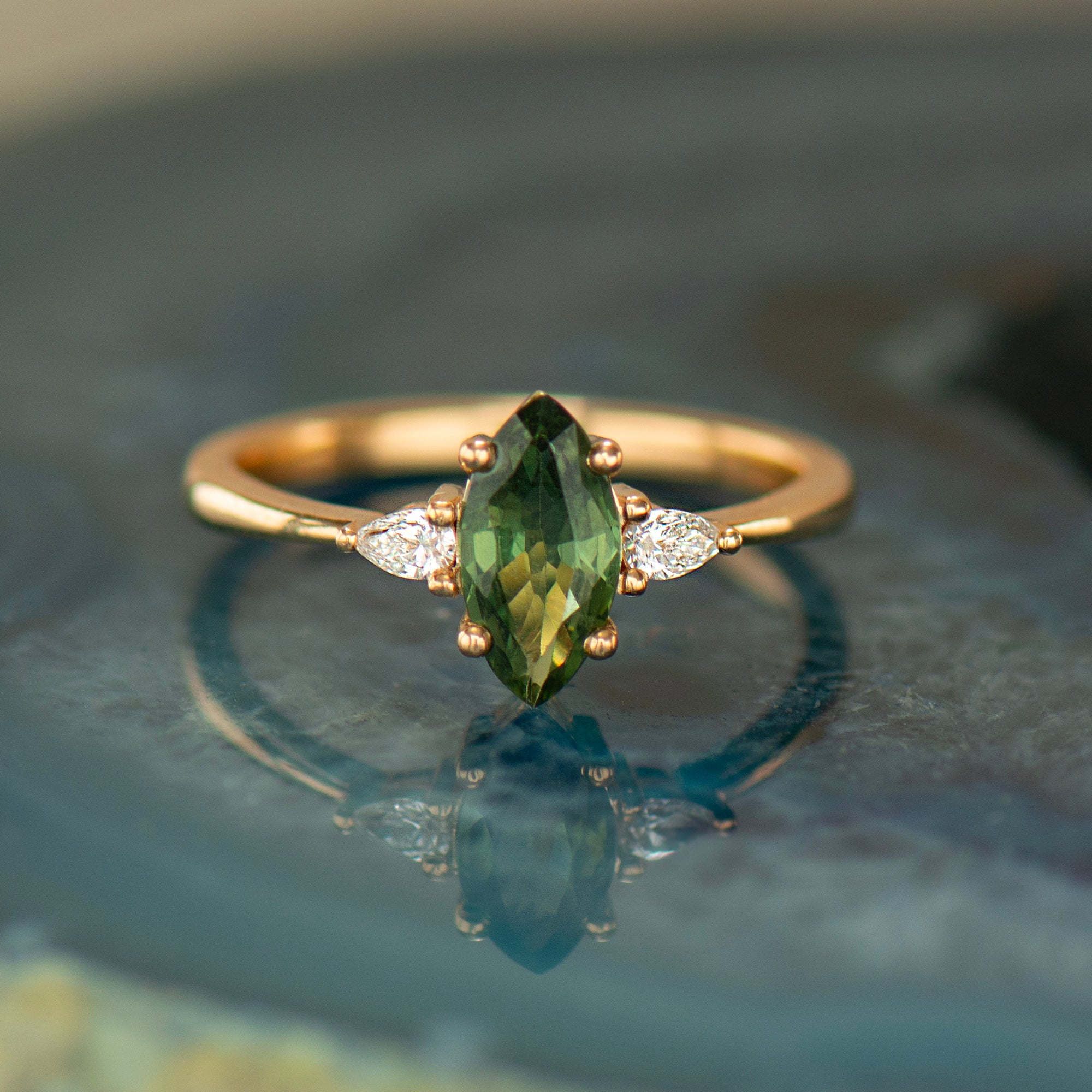 Green Sapphire Engagement Ring - Marquise