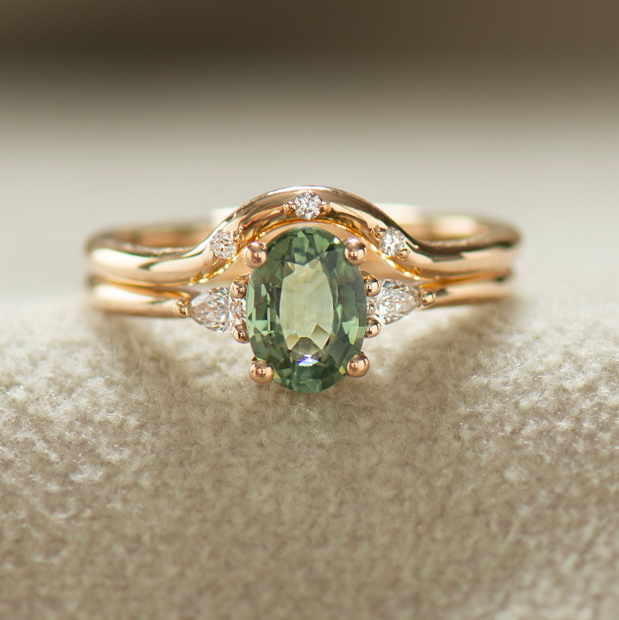 Three Stones Green Sapphire Engagement Set - with Diamonds