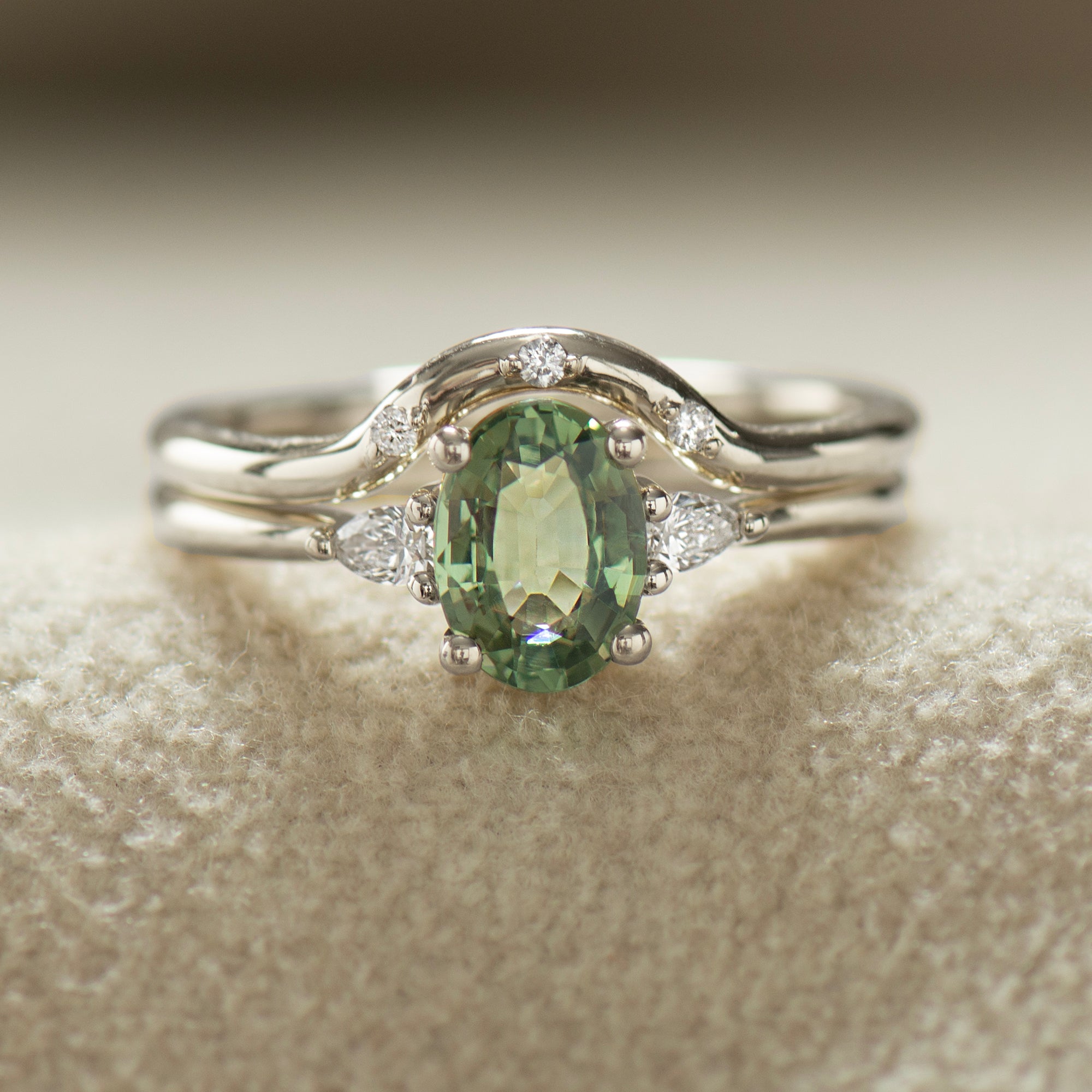 Three Stones Green Sapphire Engagement Set - with Diamonds