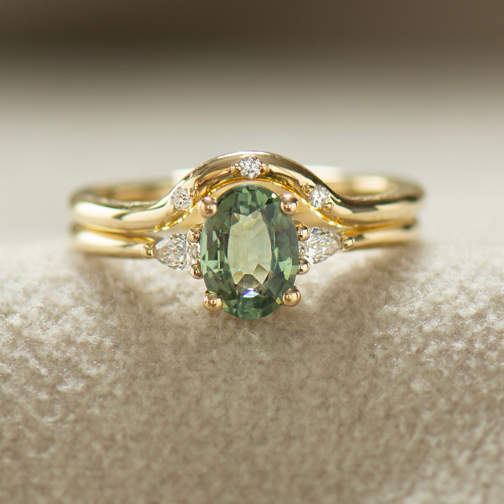 Three Stones Green Sapphire Engagement Set - with Diamonds