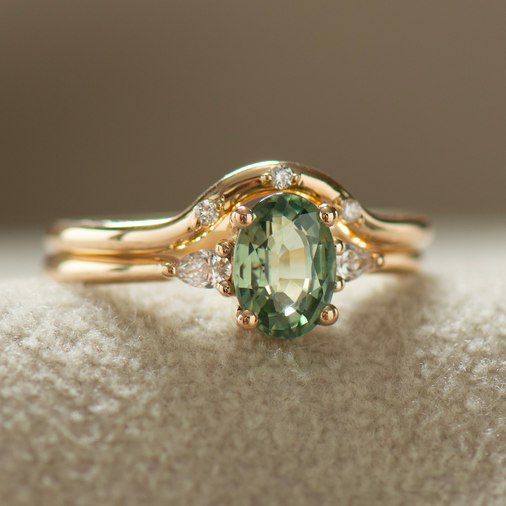 Three Stones Green Sapphire Engagement Set - with Diamonds
