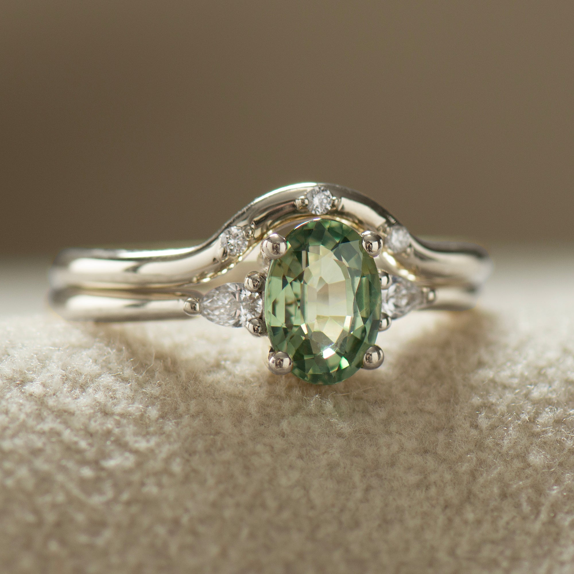 Three Stones Green Sapphire Engagement Set - with Diamonds