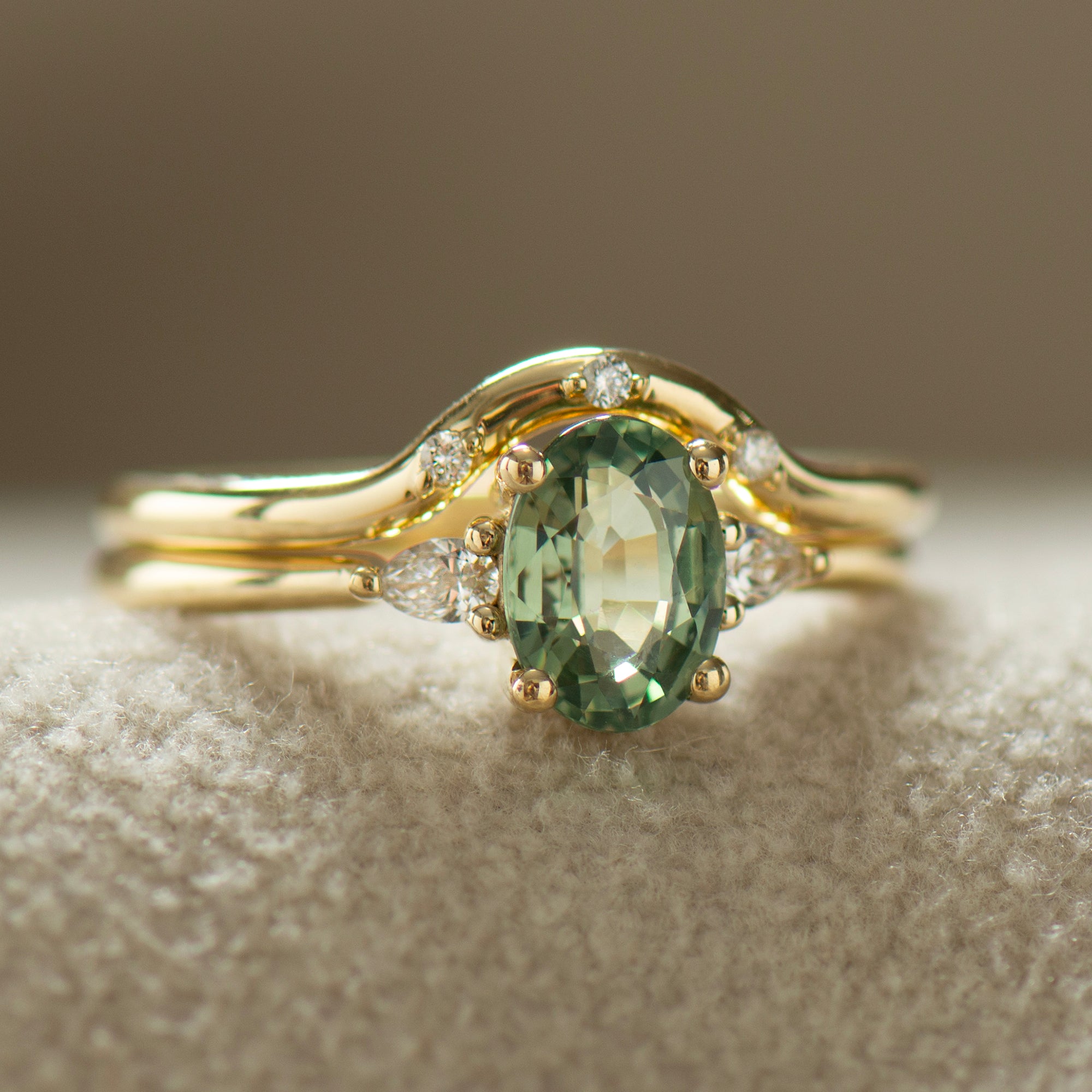 Three Stones Green Sapphire Engagement Set - with Diamonds