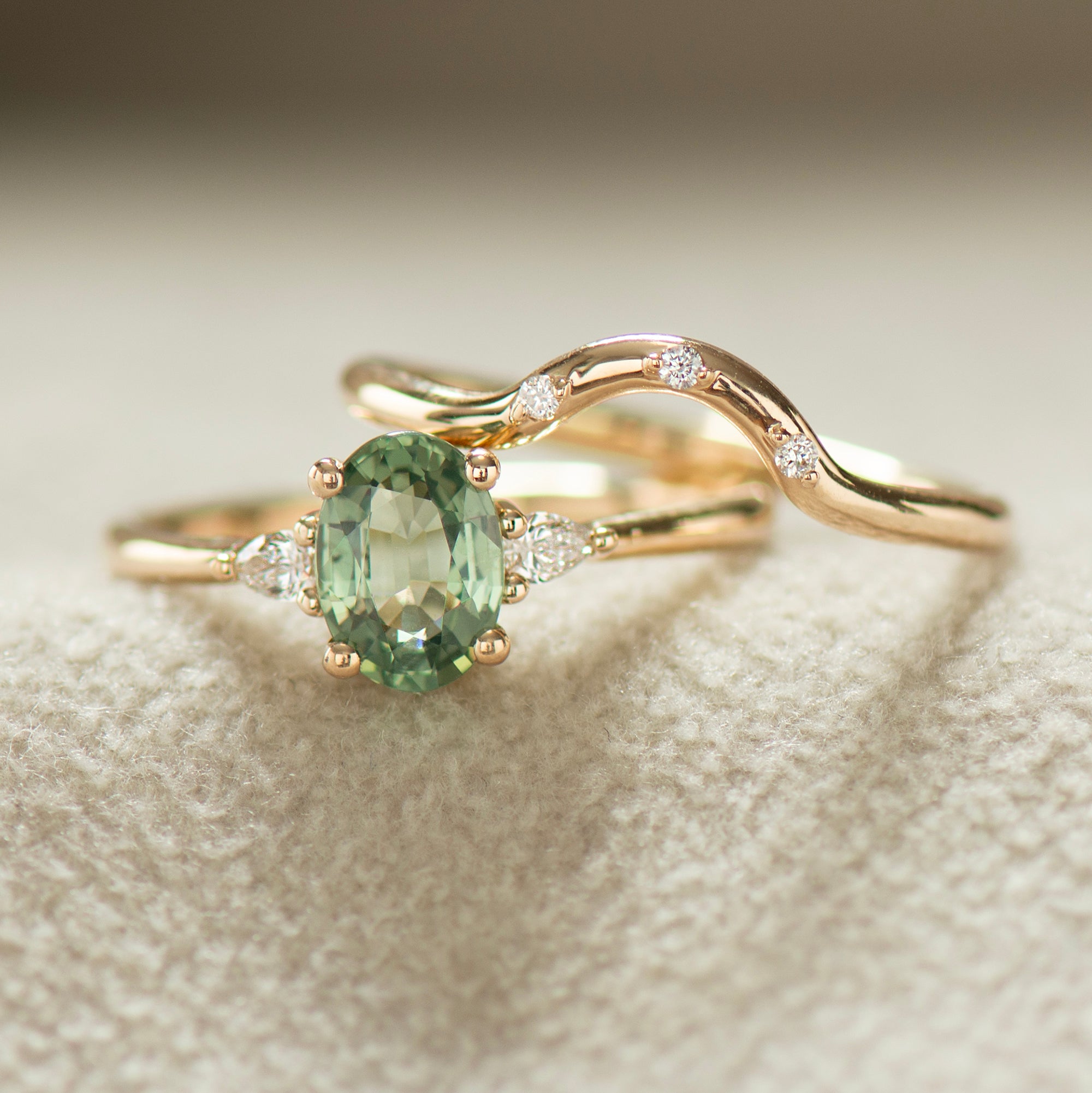 Three Stones Green Sapphire Engagement Set - with Diamonds