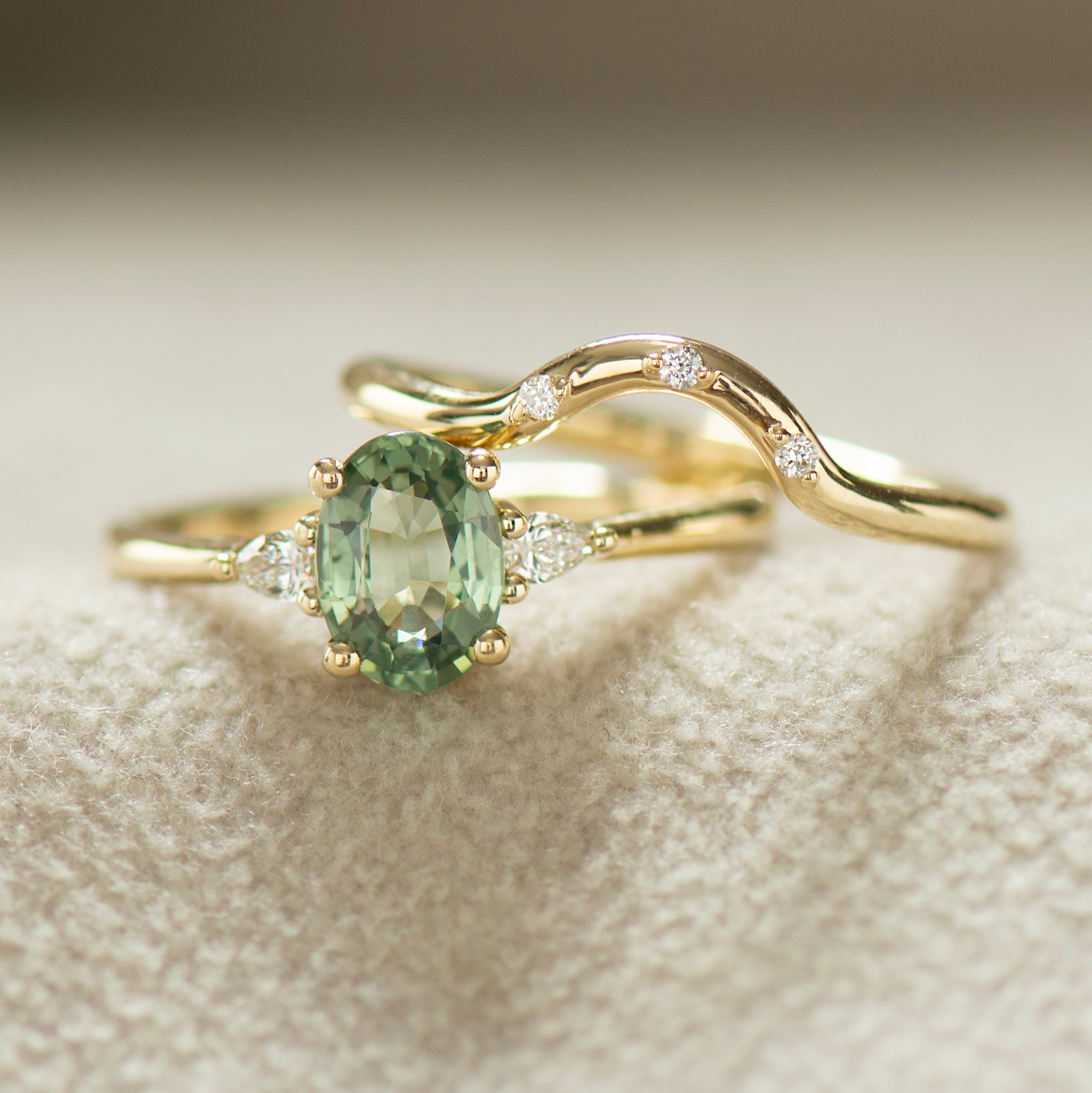 Three Stones Green Sapphire Engagement Set - with Diamonds