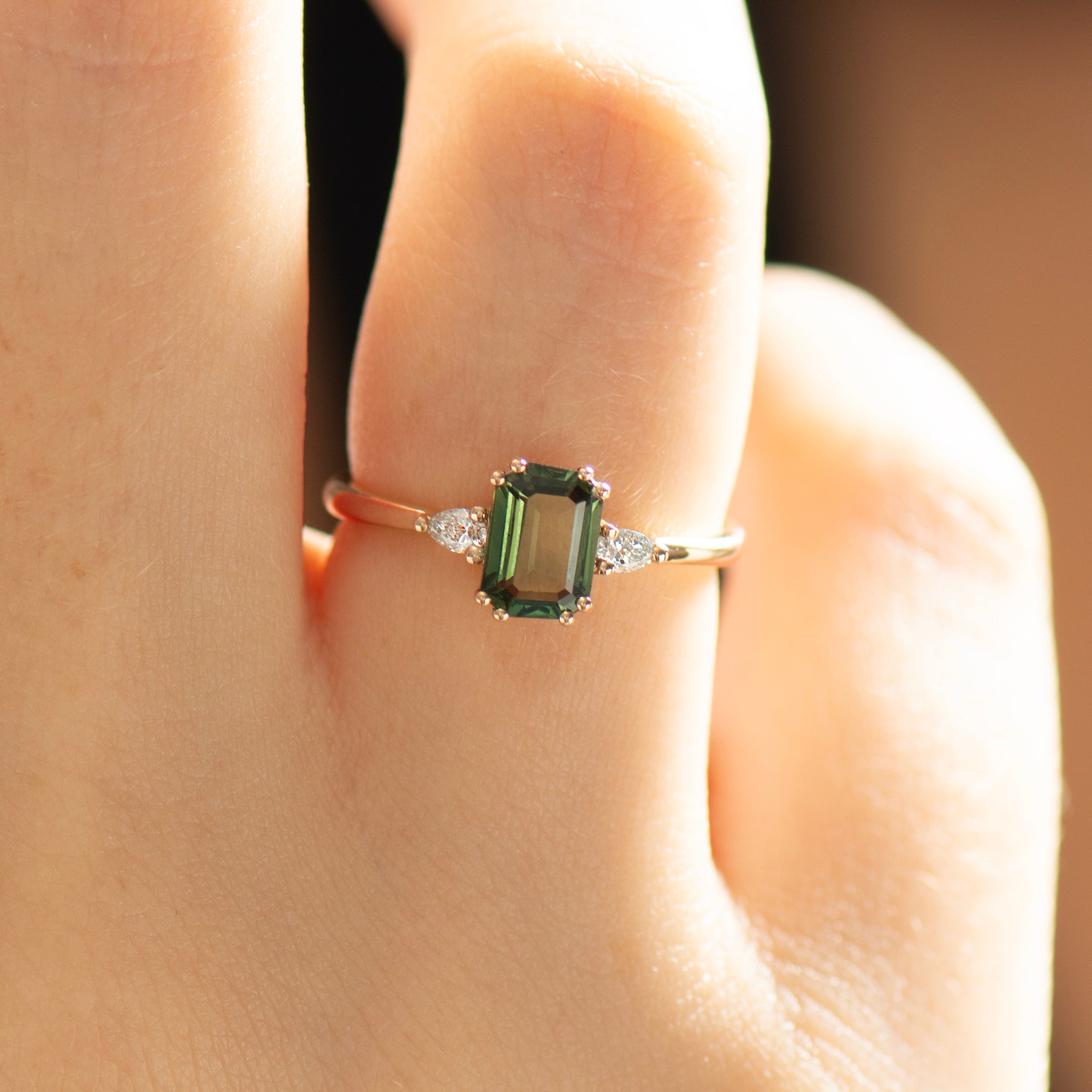 Double Prong Emerald Green Sapphire Ring