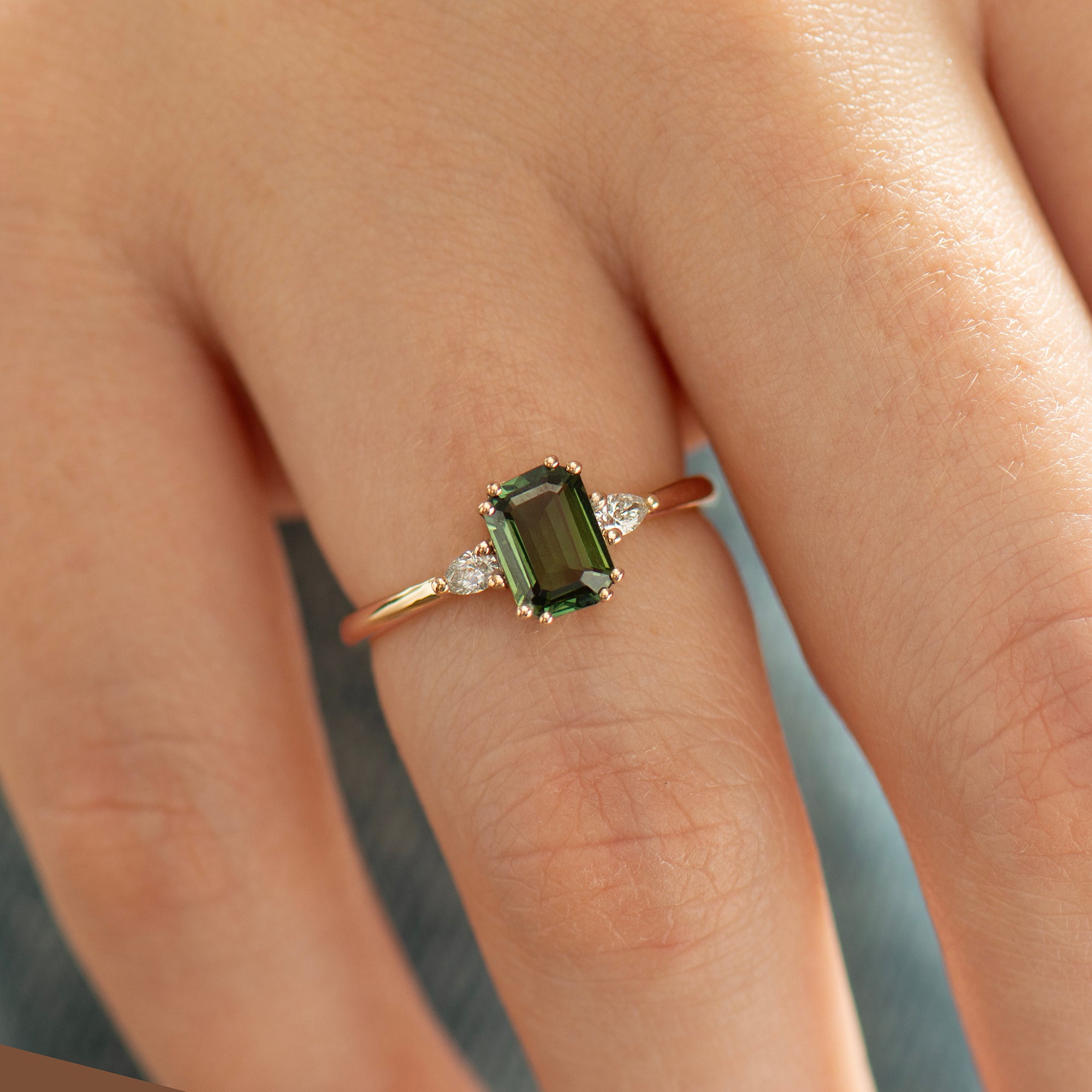 Double Prong Emerald Green Sapphire Ring