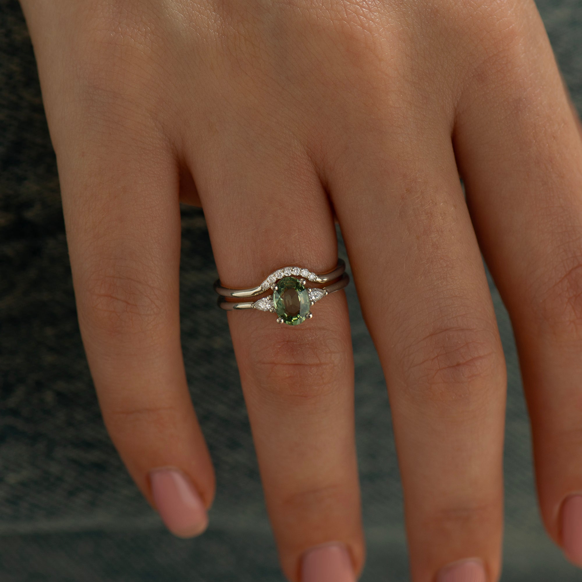 Curved Matching Seven Diamonds Wedding Ring