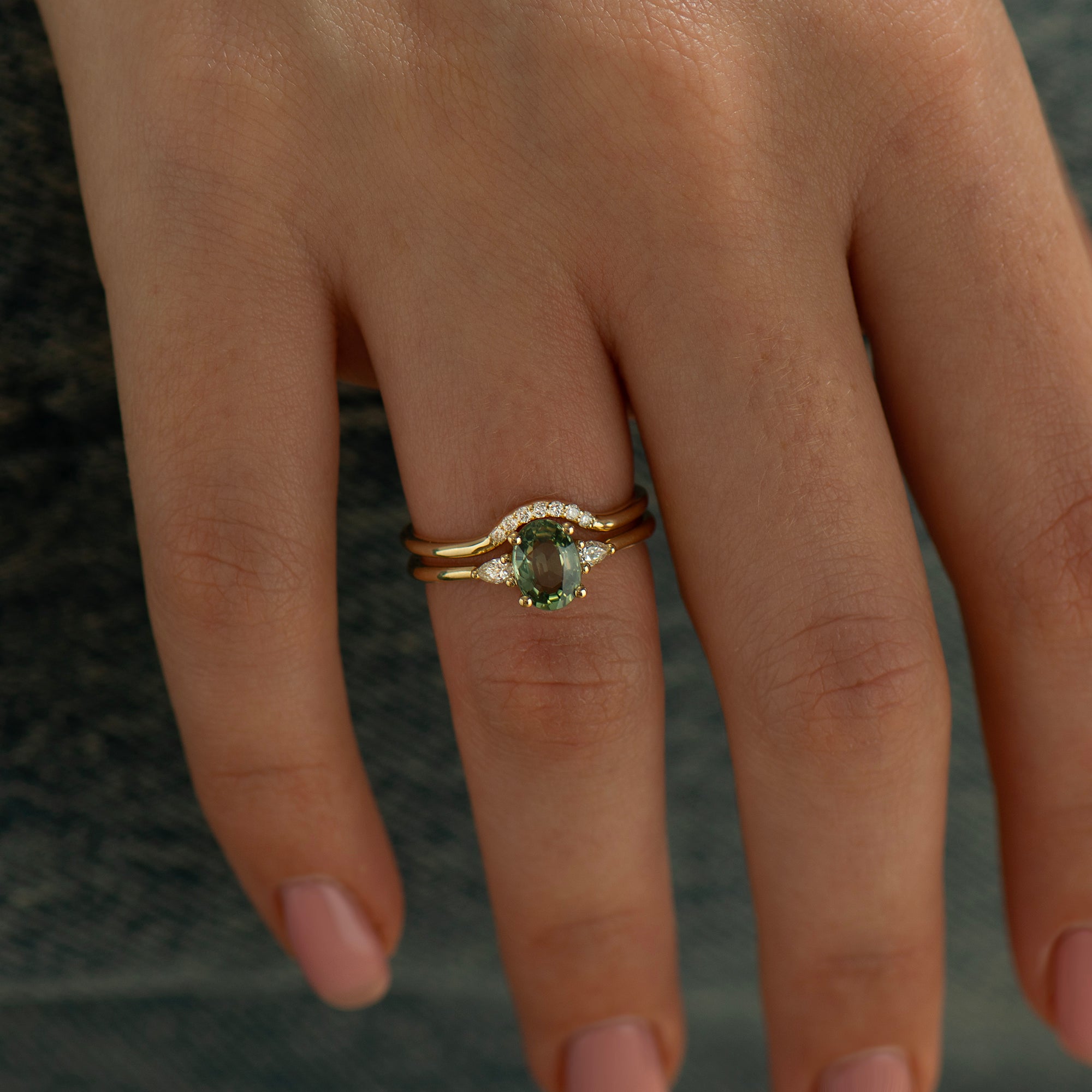 Curved Matching Seven Diamonds Wedding Ring