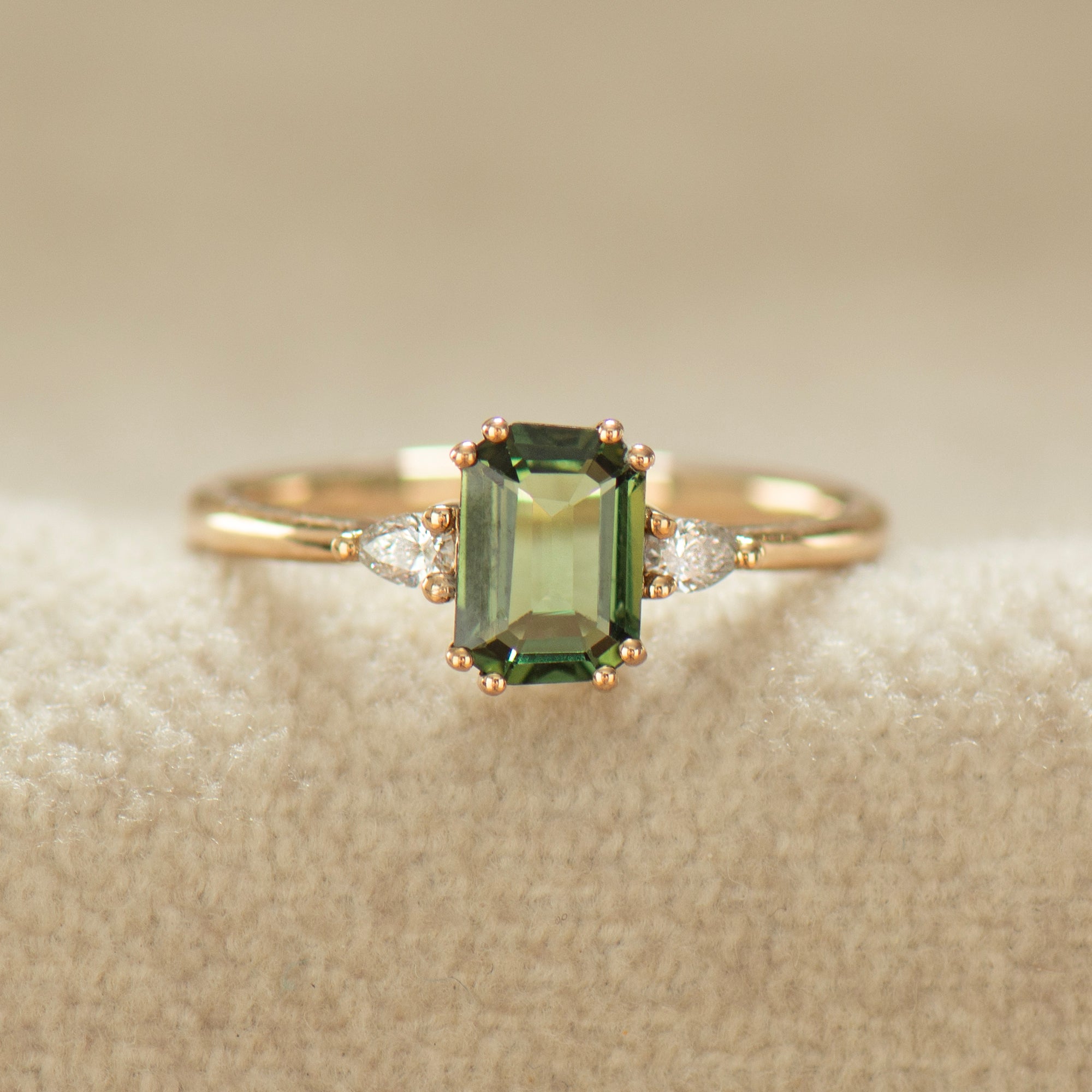 Double Prong Emerald Green Sapphire Ring
