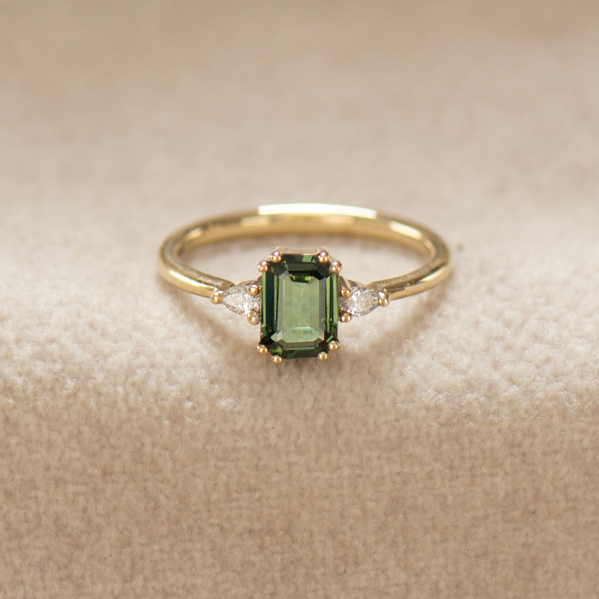 Double Prong Emerald Green Sapphire Ring