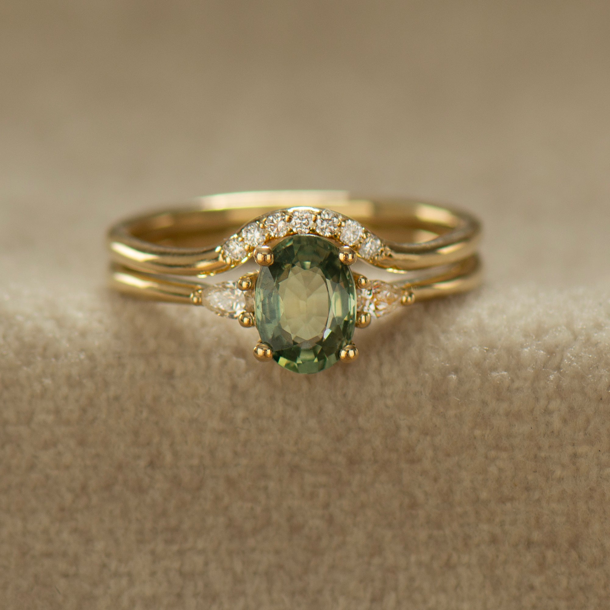 Curved Matching Seven Diamonds Wedding Ring