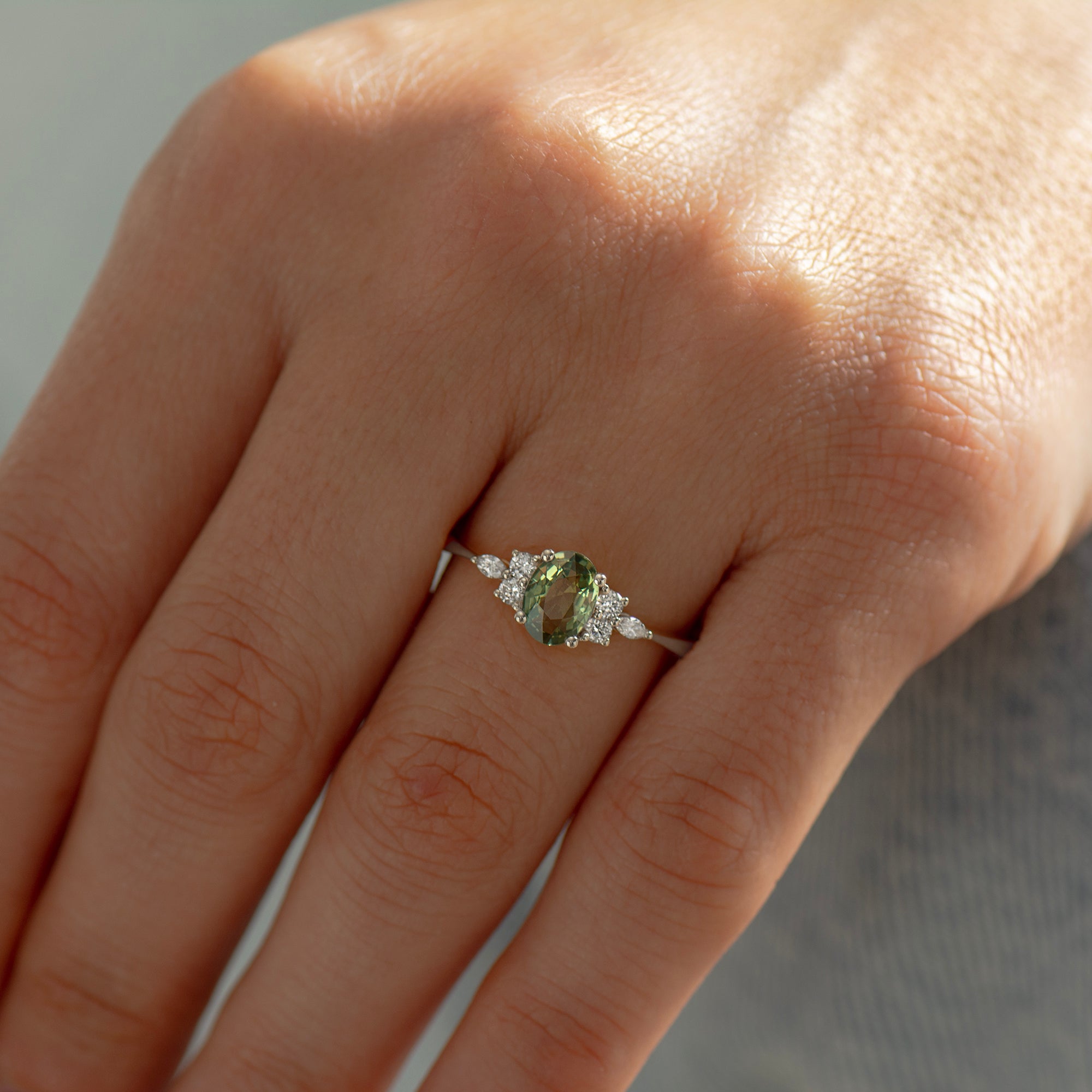 Lotus Green Sapphire Engagement Ring