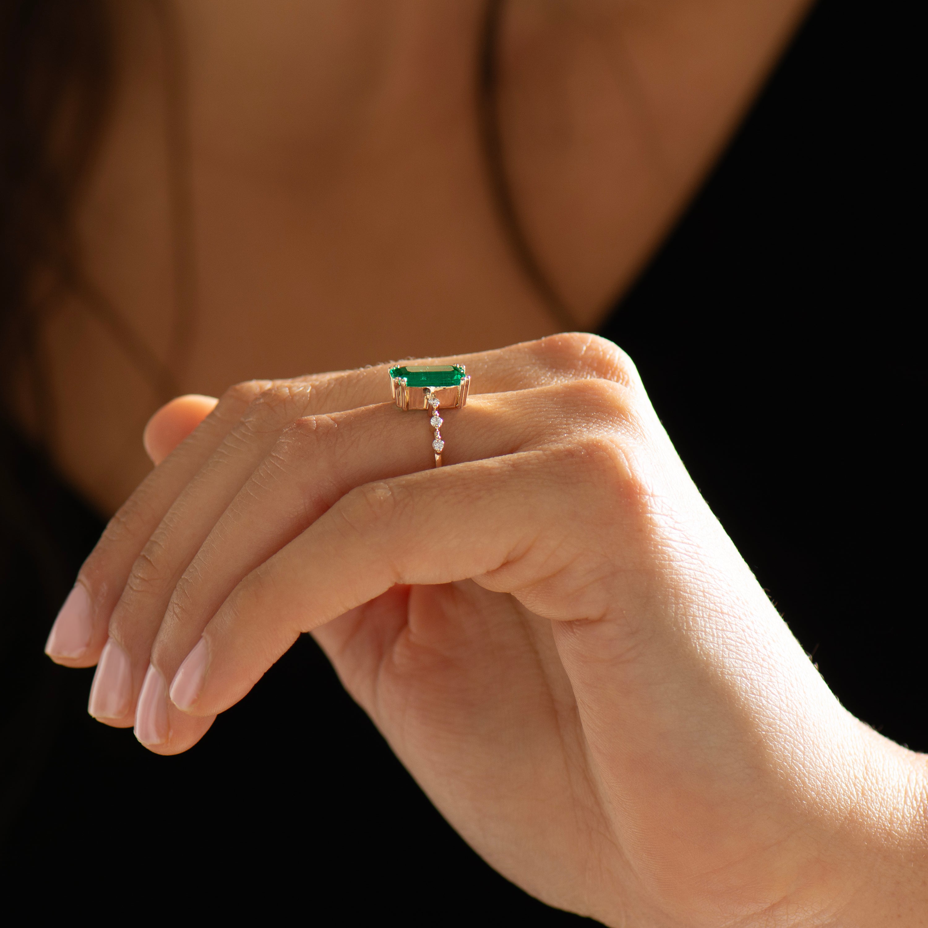 Elongated Lab Emerald Engagement Ring