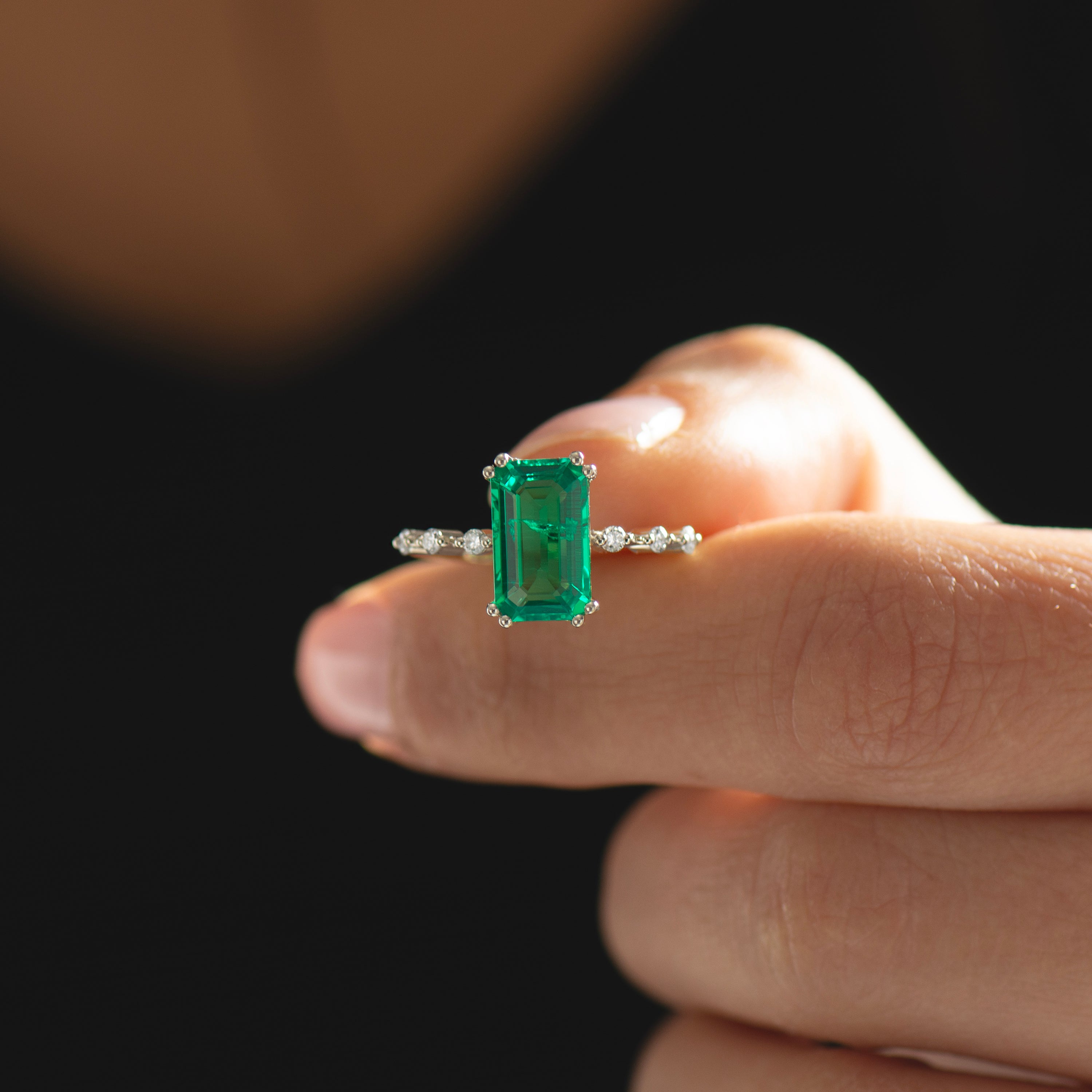 Elongated Lab Emerald Engagement Ring