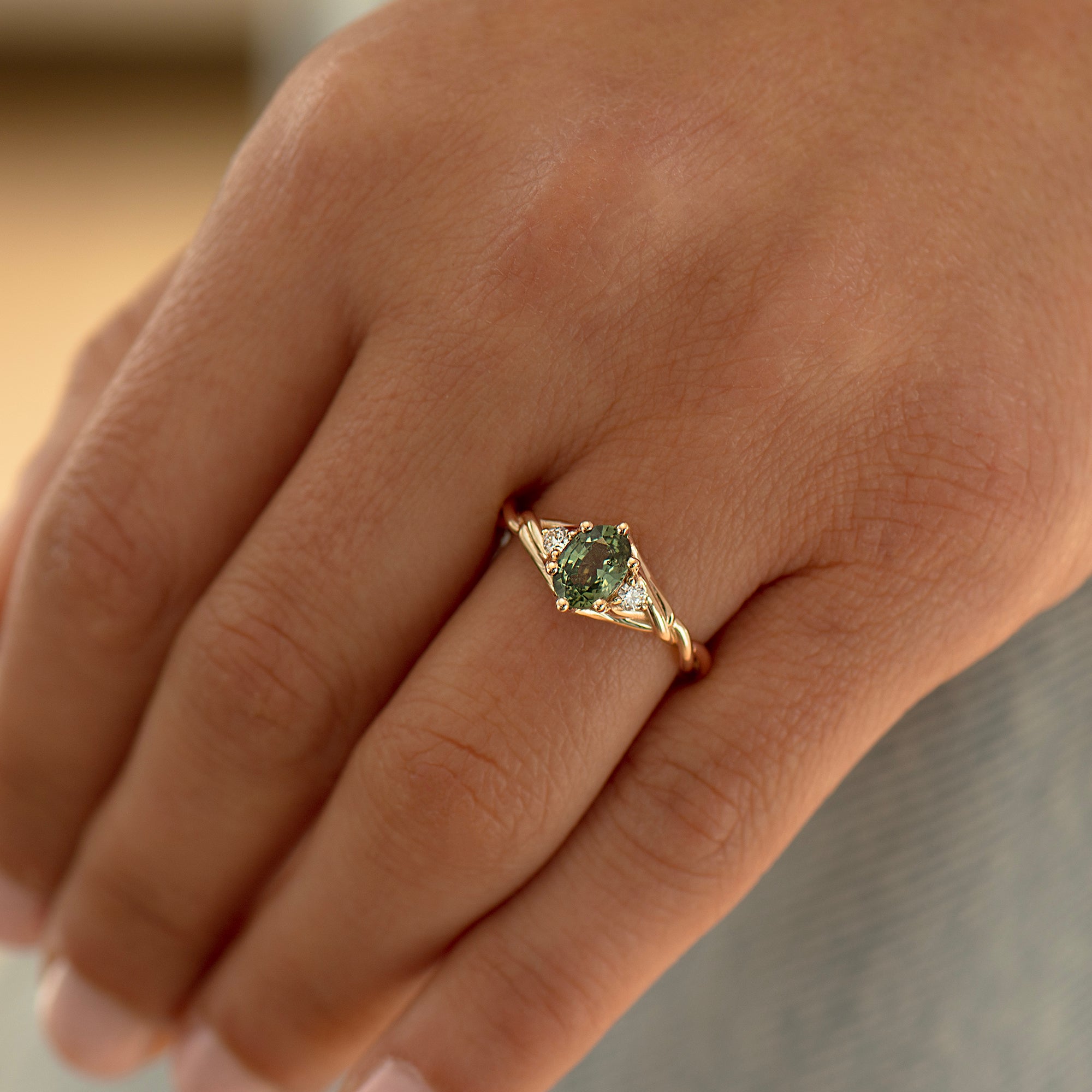 Celtic Knot Green Sapphire Ring - Oval