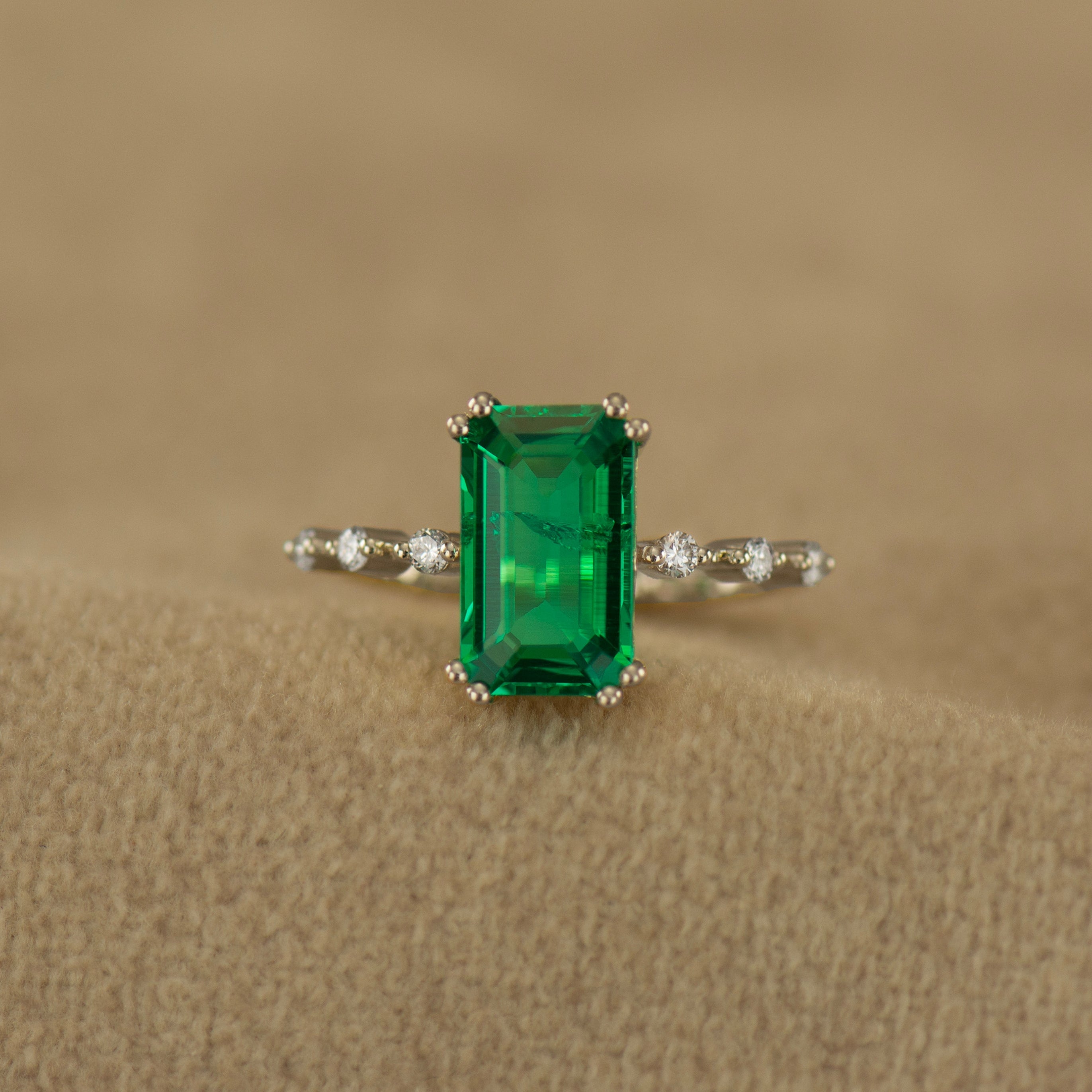 Elongated Lab Emerald Engagement Ring