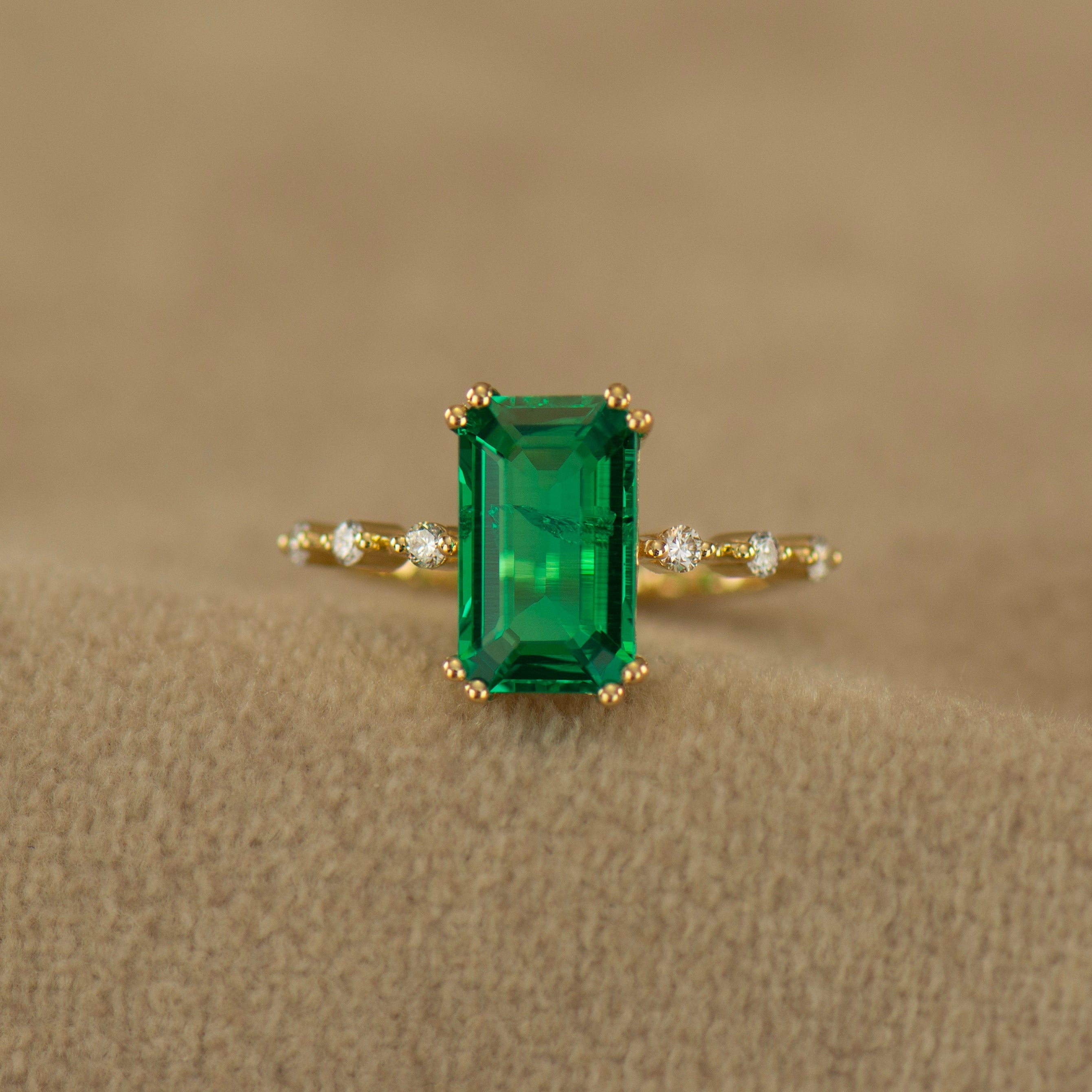 Elongated Lab Emerald Engagement Ring