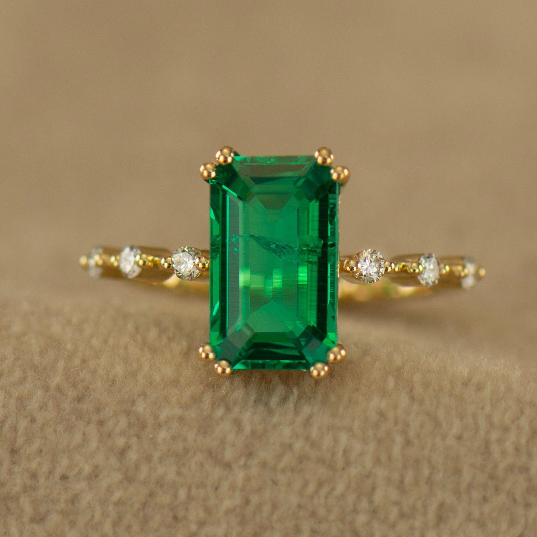 Elongated Lab Emerald Engagement Ring