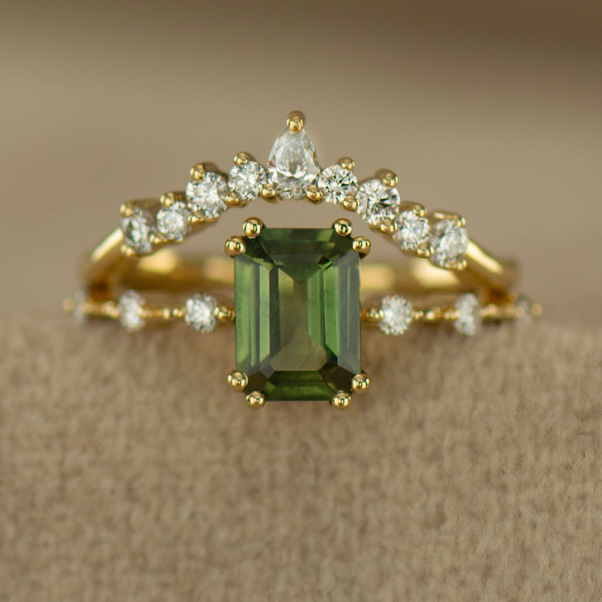 Emerald Cut, Green Sapphire Rings Set
