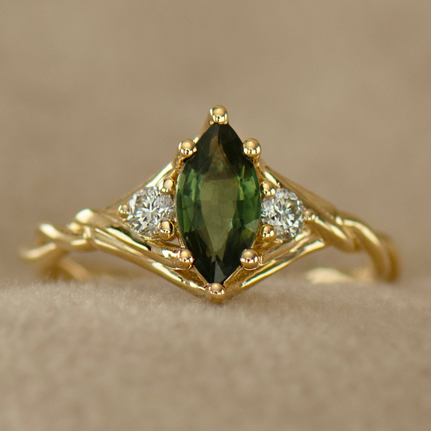 Celtic Knot Green Sapphire Ring - Marquise
