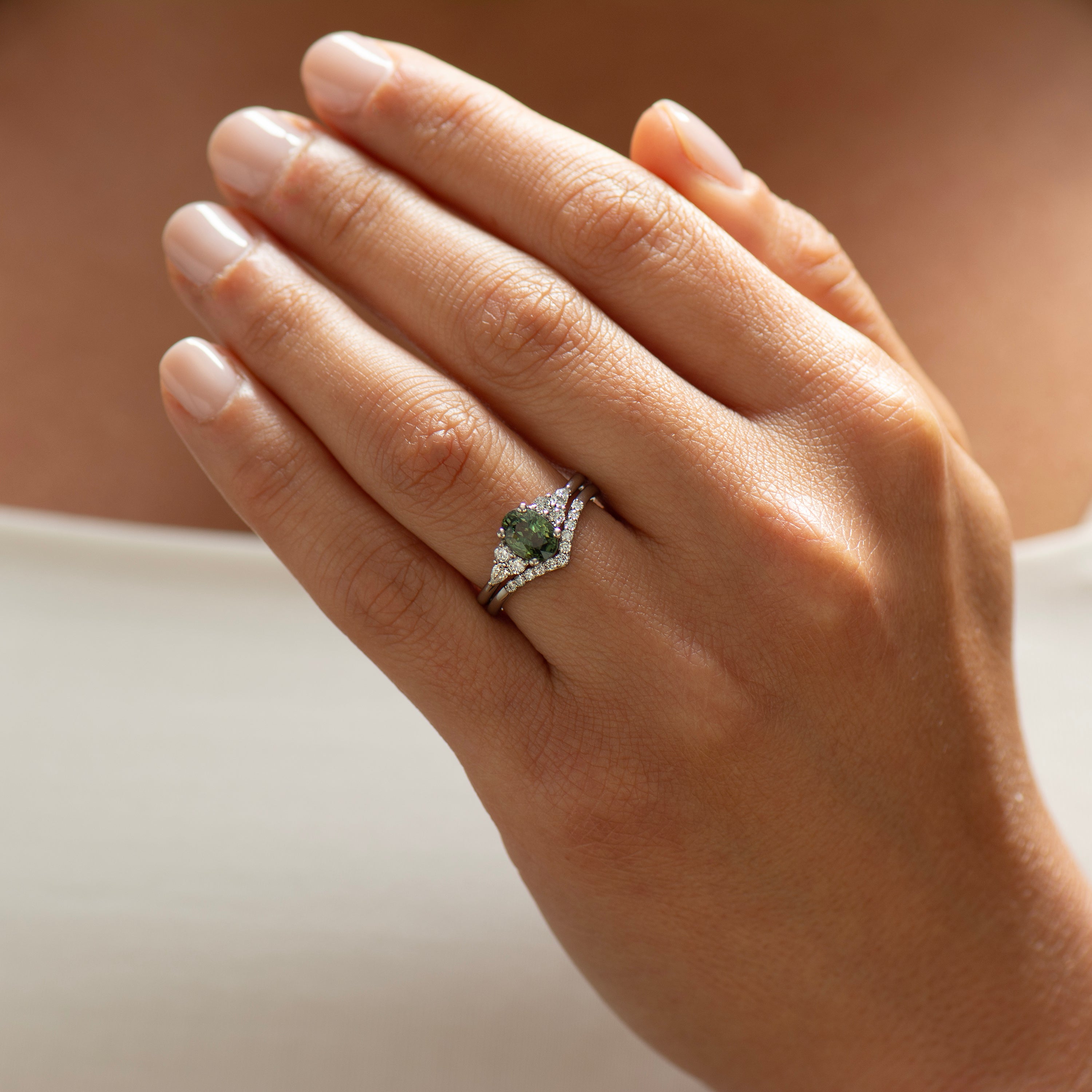 Green Sapphire Engagement Set - Natural Diamonds Set