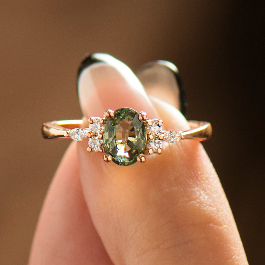 Cluster Green Sapphire Engagement Ring
