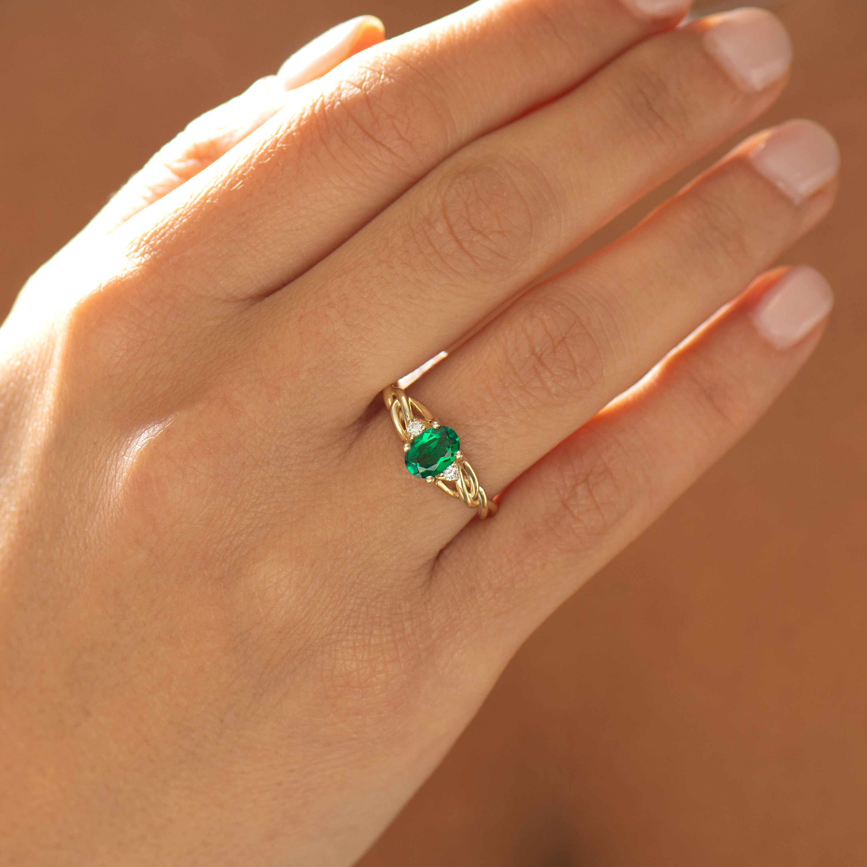 Celtic Three Stone Lab Emerald Ring