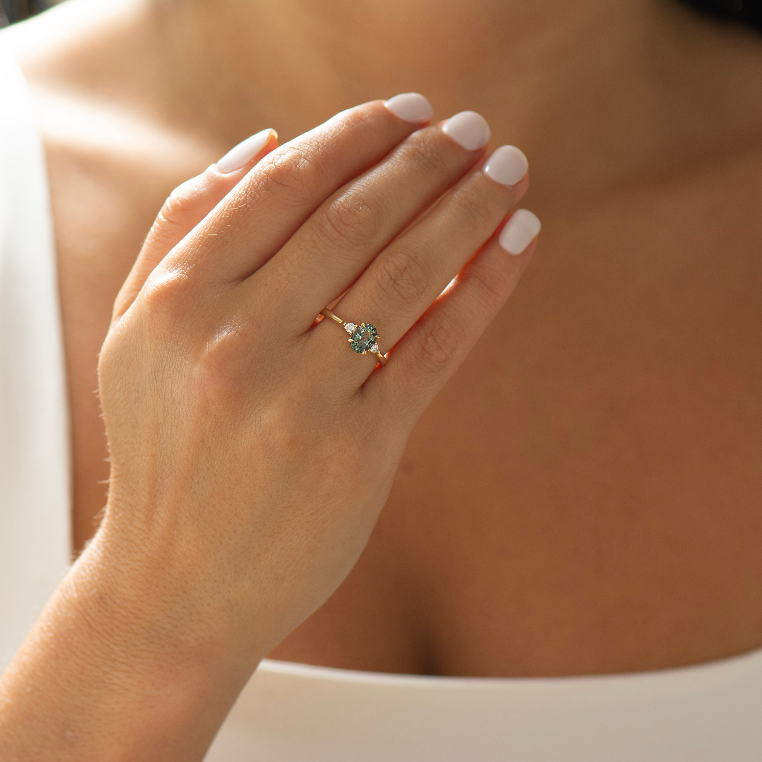 Floating Blue Green Teal Sapphire Ring