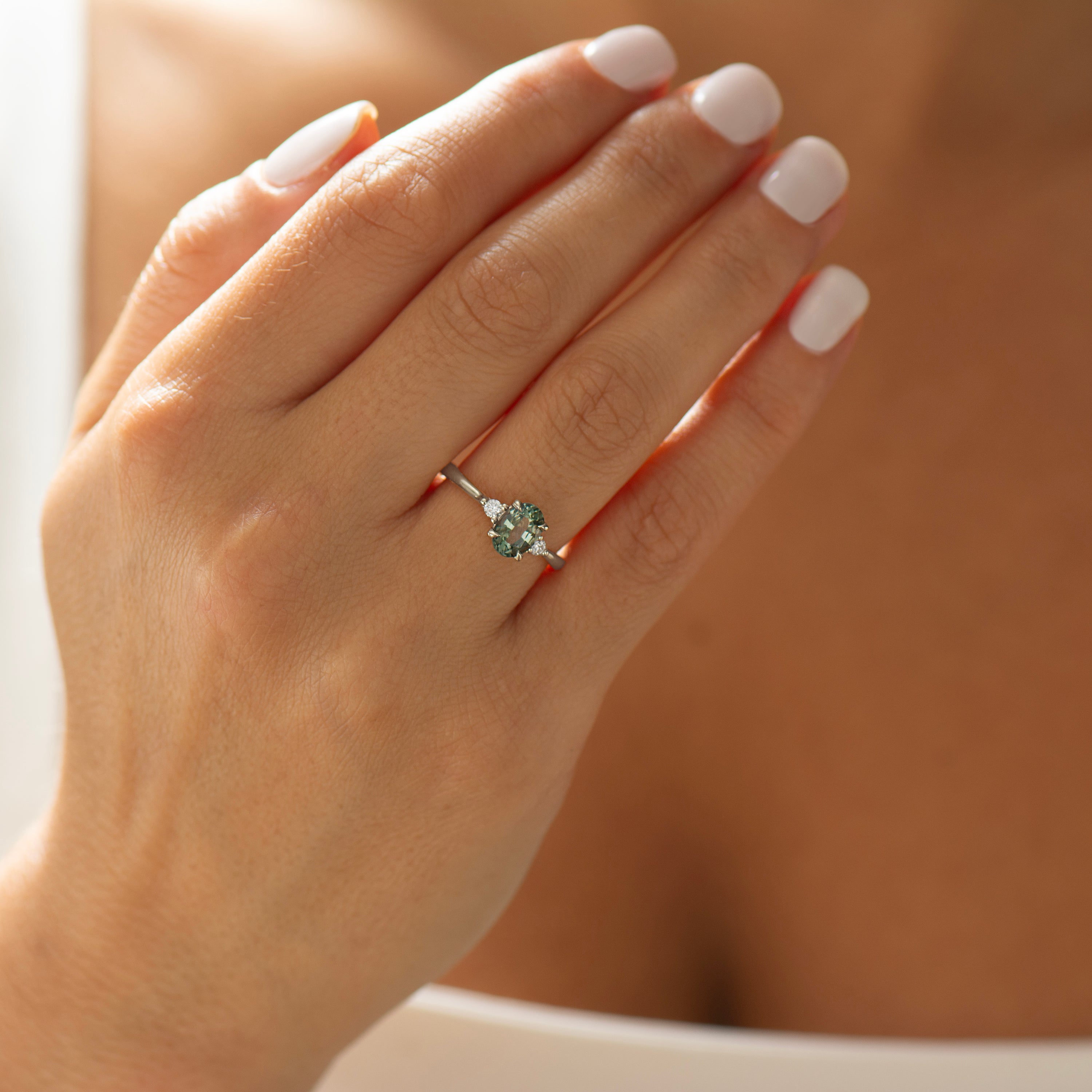 Floating Blue Green Teal Sapphire Ring