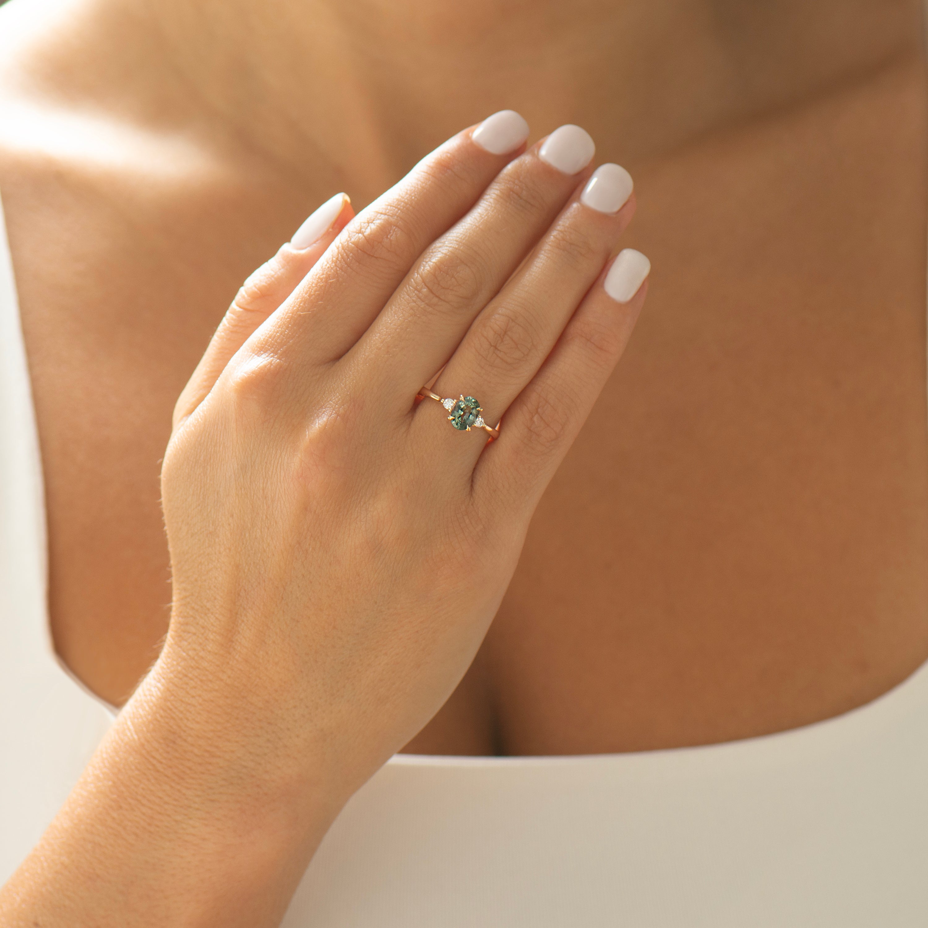 Floating Blue Green Teal Sapphire Ring
