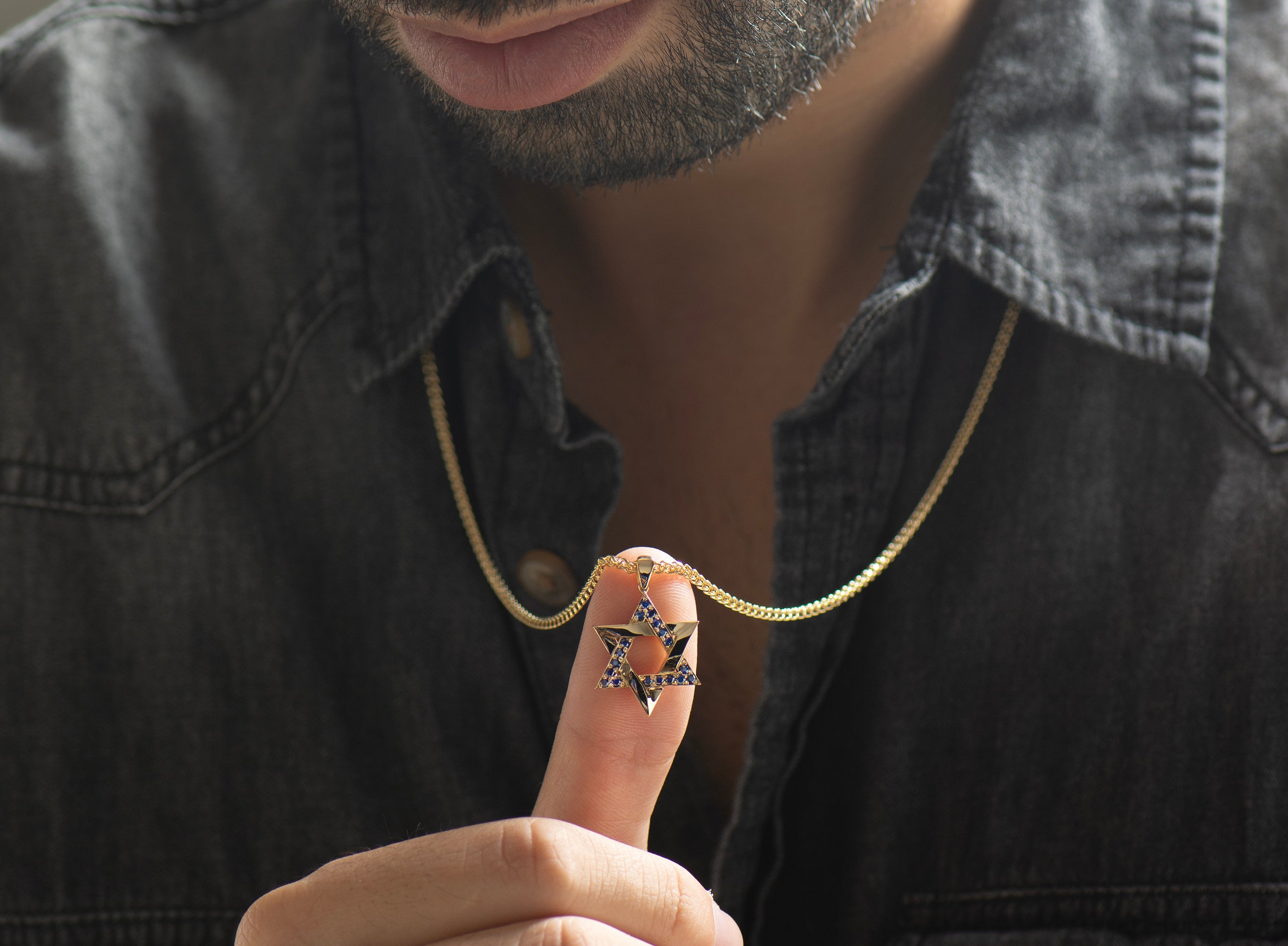 Blue Sapphires Star Of David Interlocked Necklace
