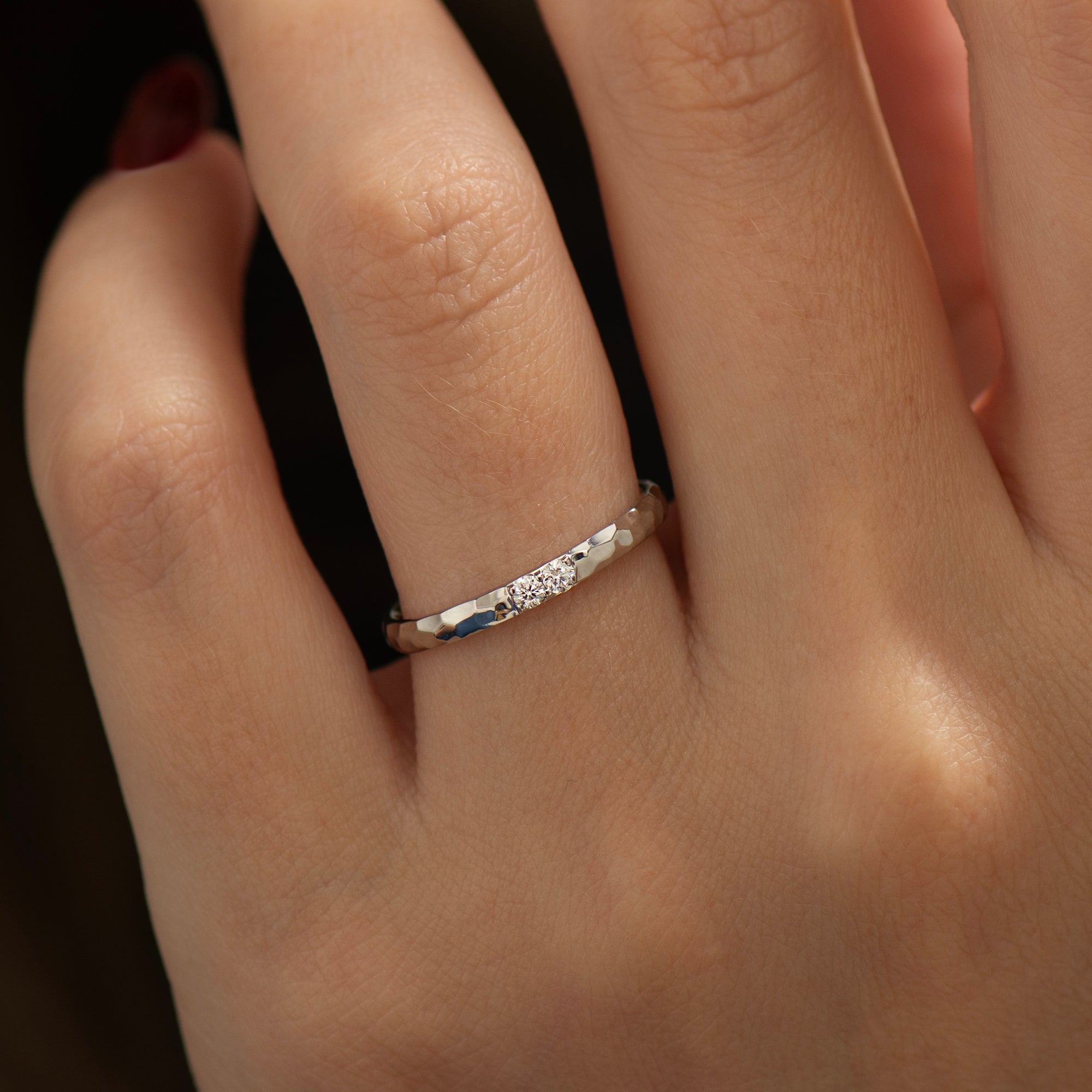 2 mm 2 Diamonds Hammered Wedding Ring