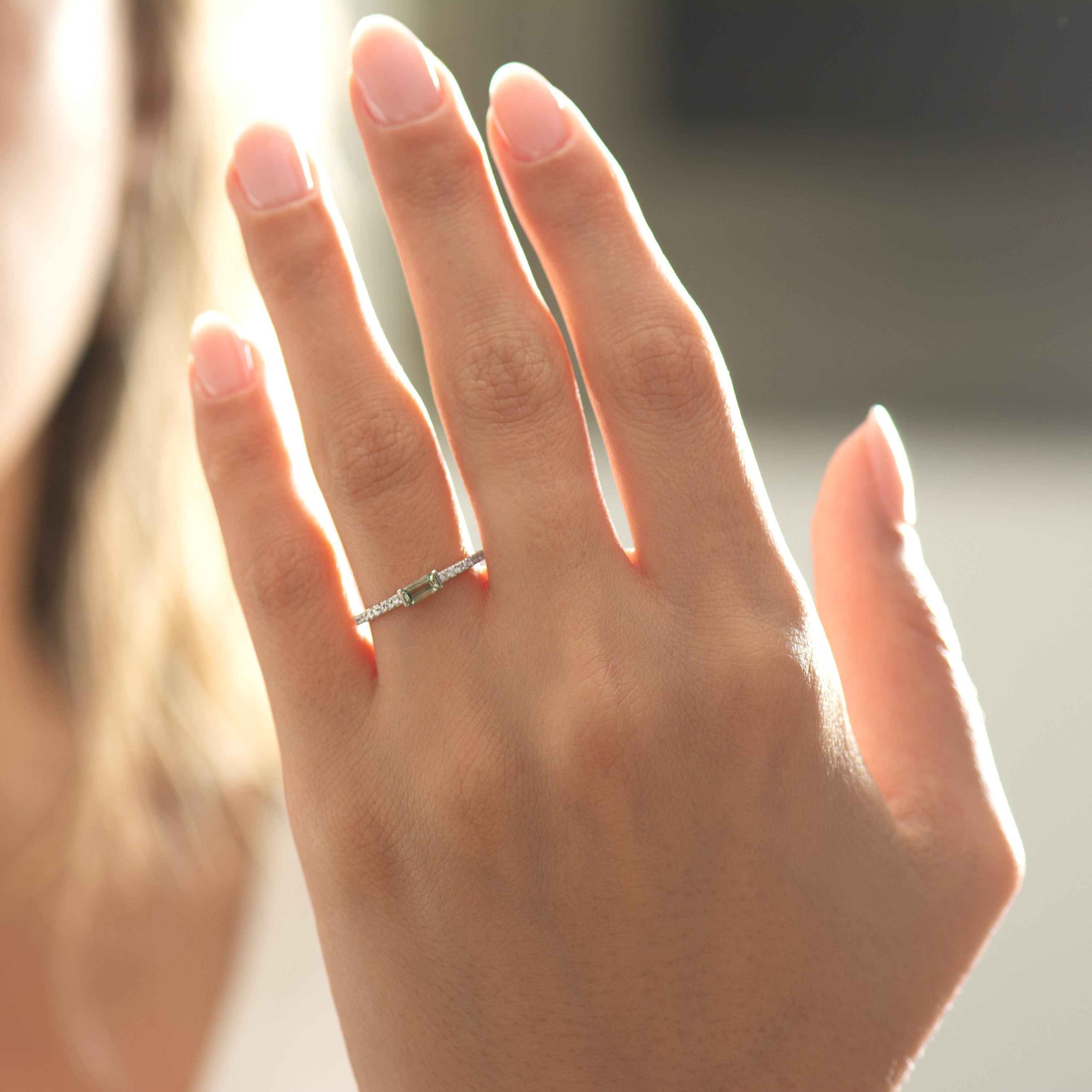 Half Bezel, Baguette Green Sapphire Ring
