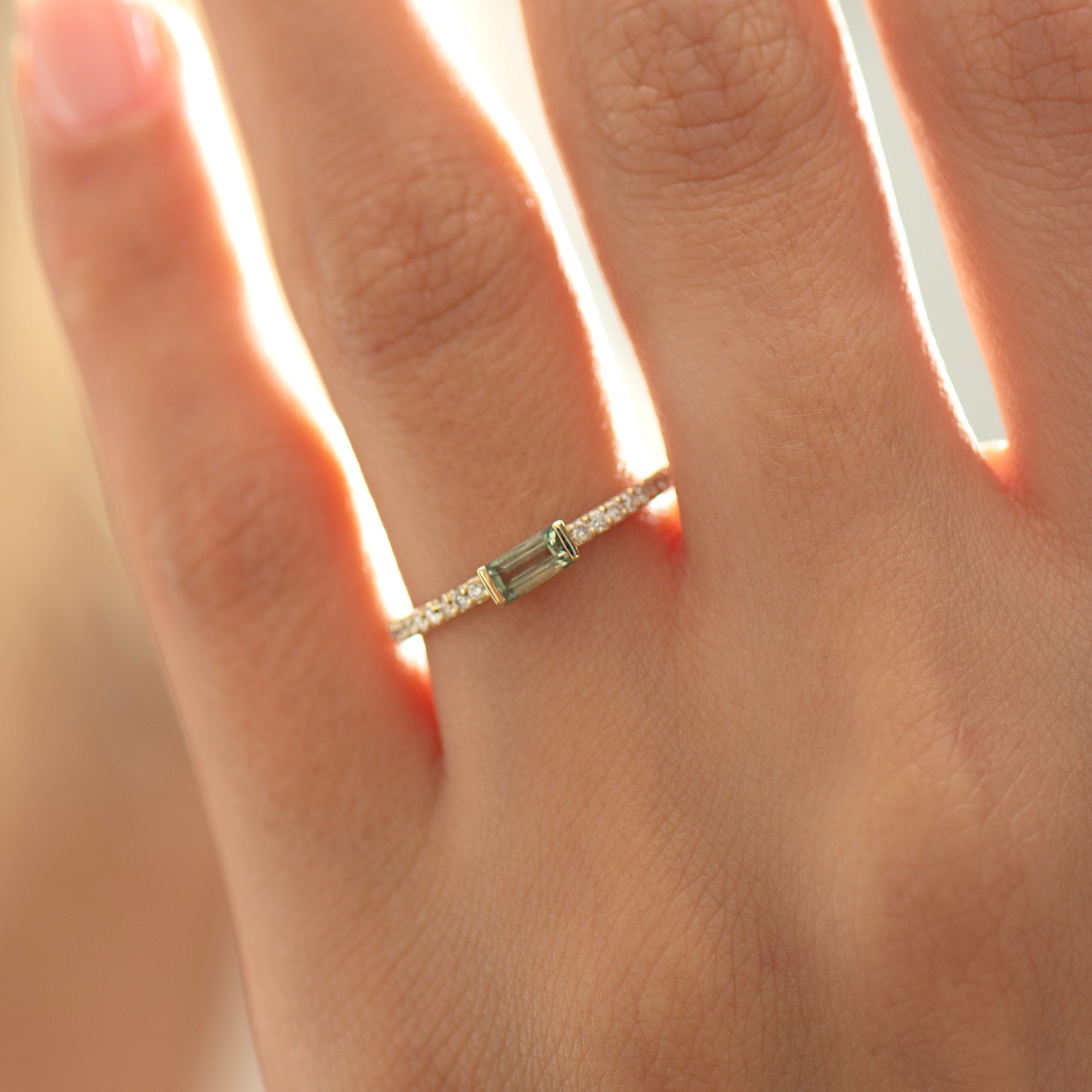Half Bezel, Baguette Green Sapphire Ring