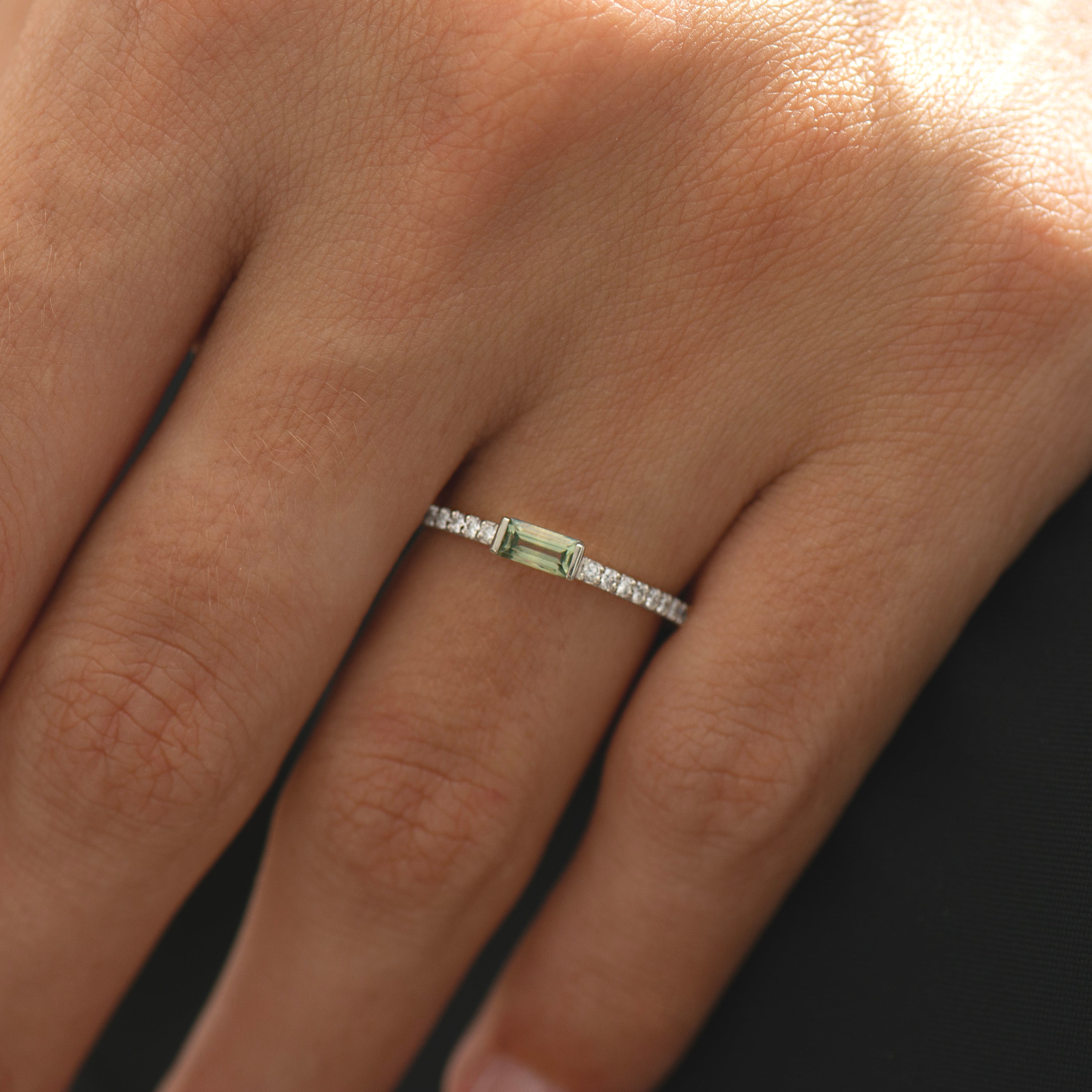 Half Bezel, Baguette Green Sapphire Ring