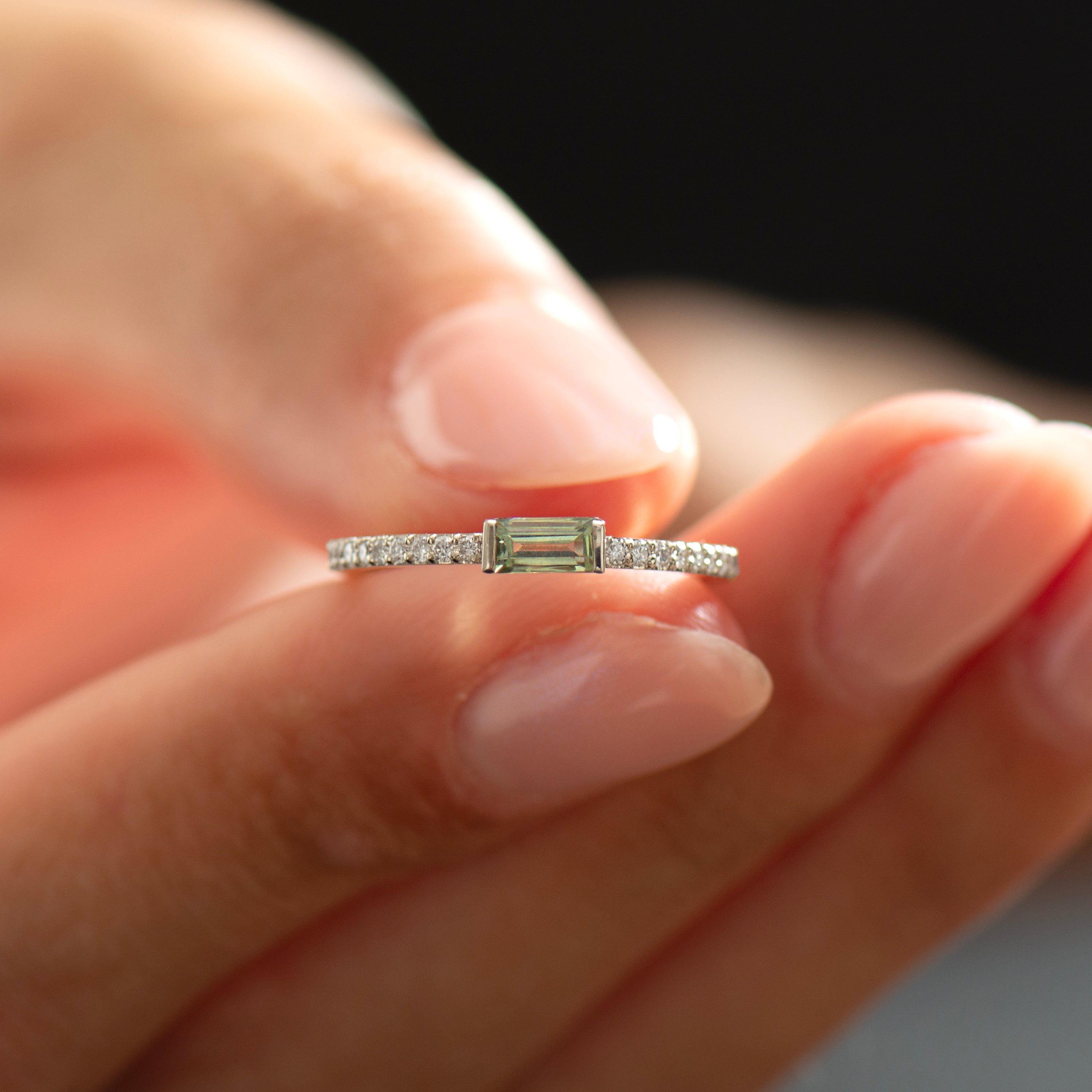 Half Bezel, Baguette Green Sapphire Ring