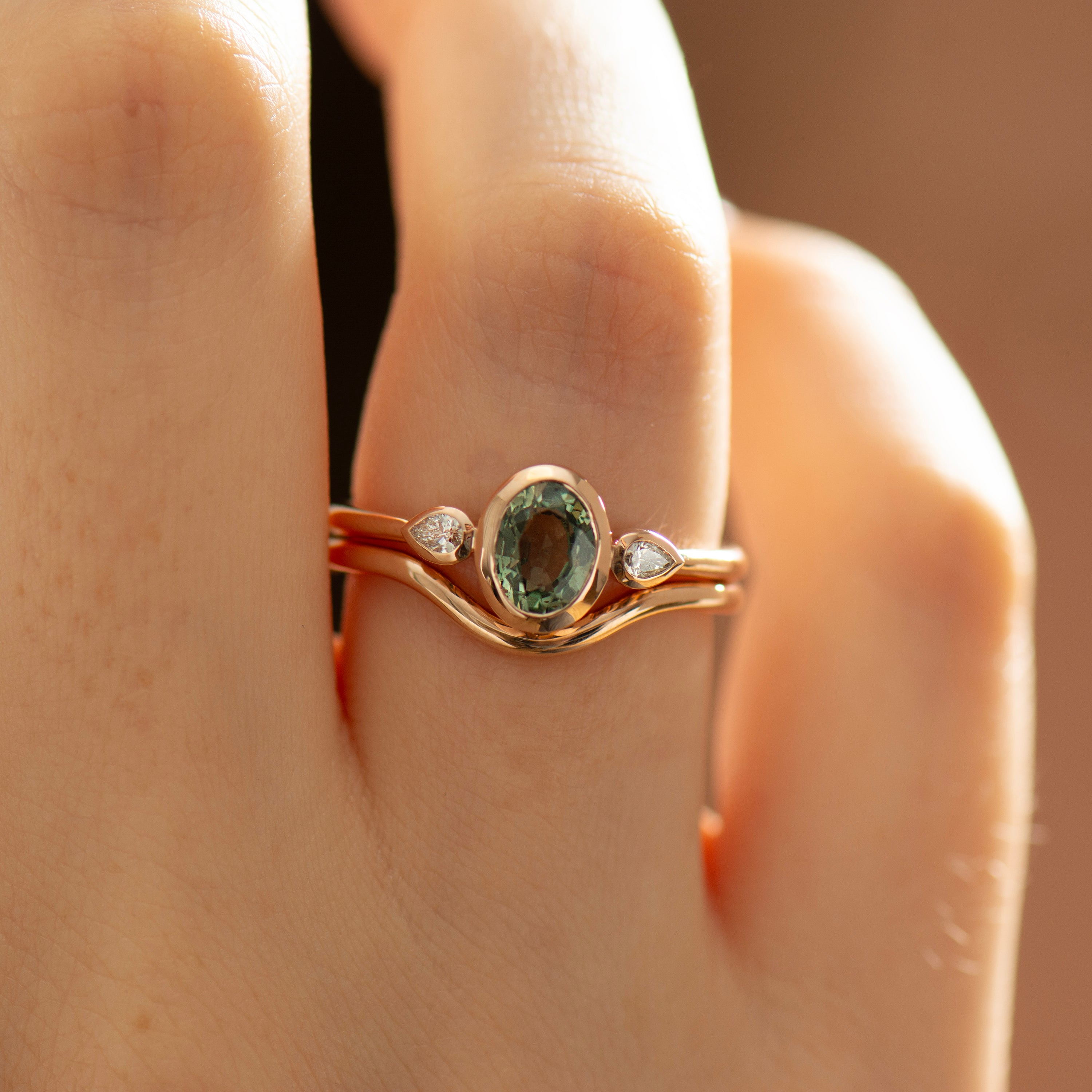 Bezel Green Sapphire Rings Set