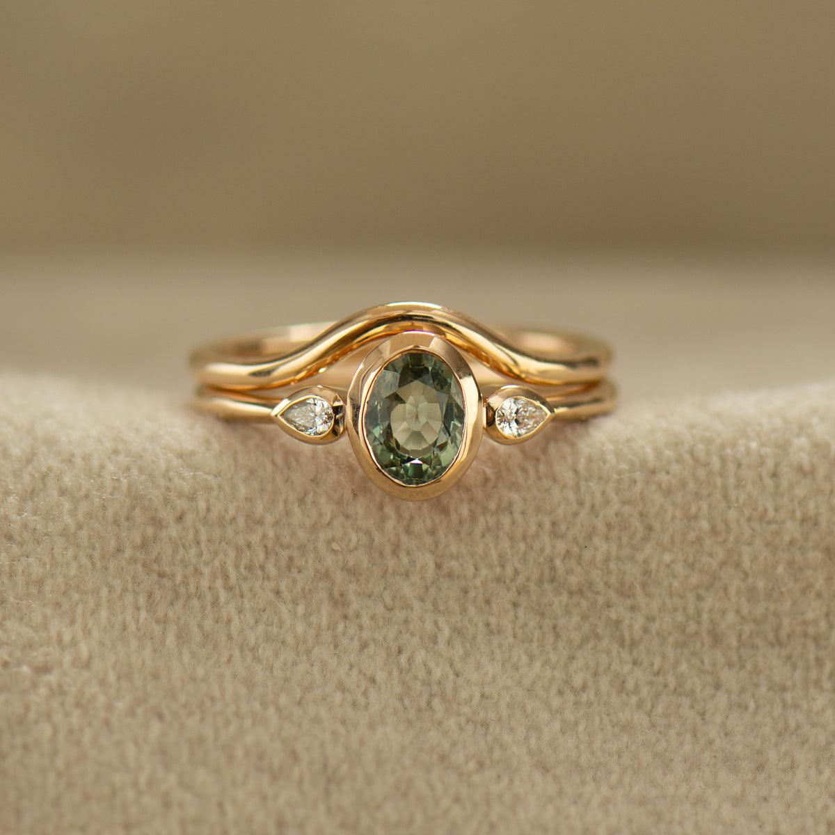Bezel Green Sapphire Rings Set