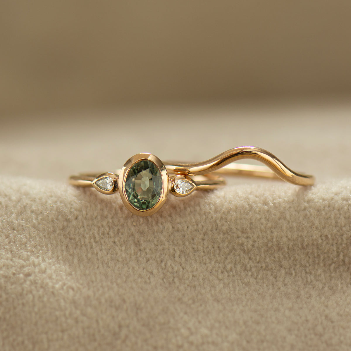Bezel Green Sapphire Rings Set
