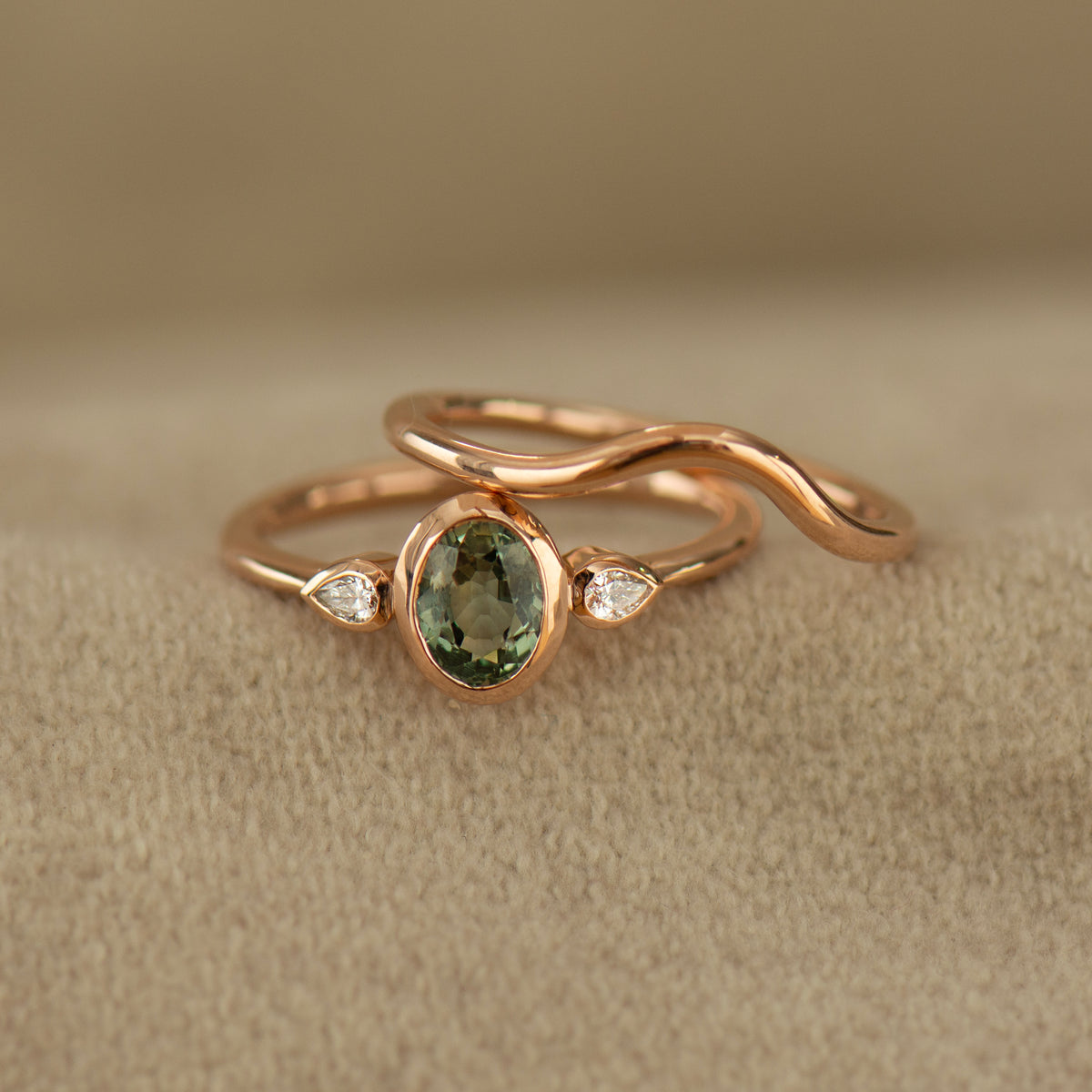 Bezel Green Sapphire Rings Set