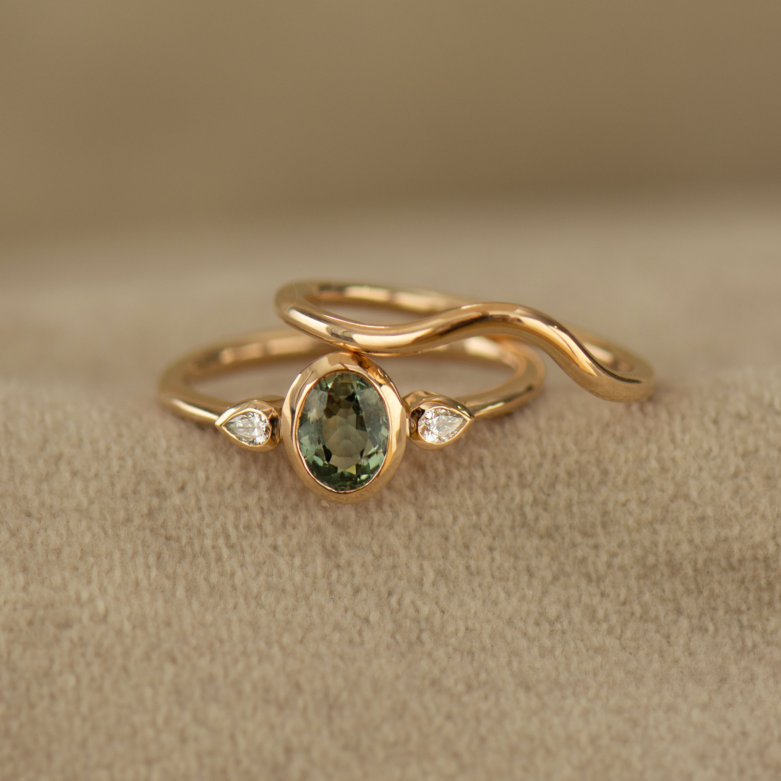 Bezel Green Sapphire Rings Set