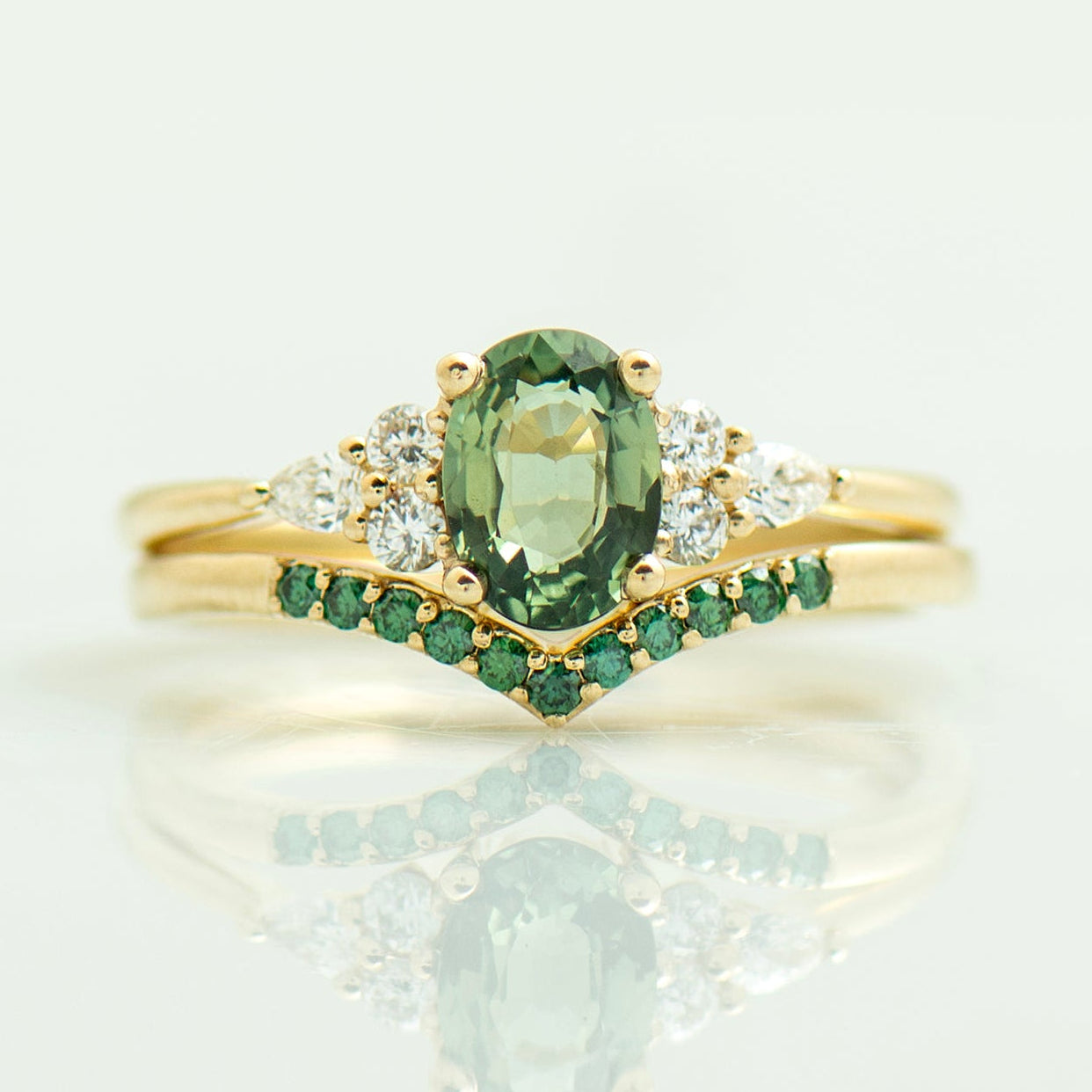 Green Sapphire Engagement Set - Green Diamonds Set