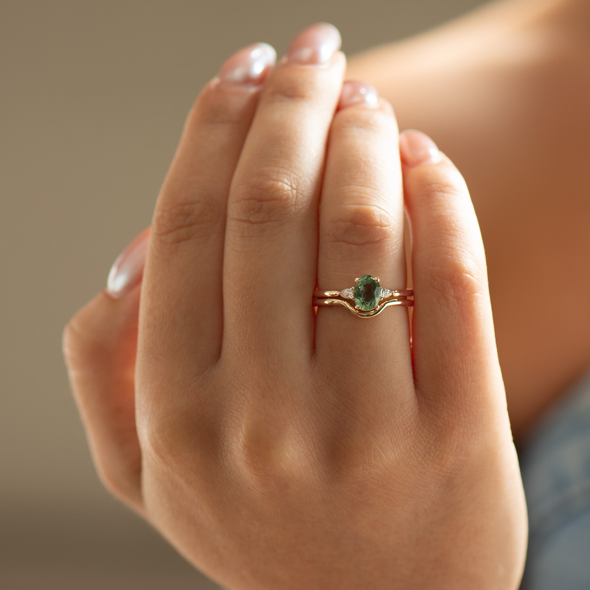 Three Stones Green Sapphire Engagement Set - Plain