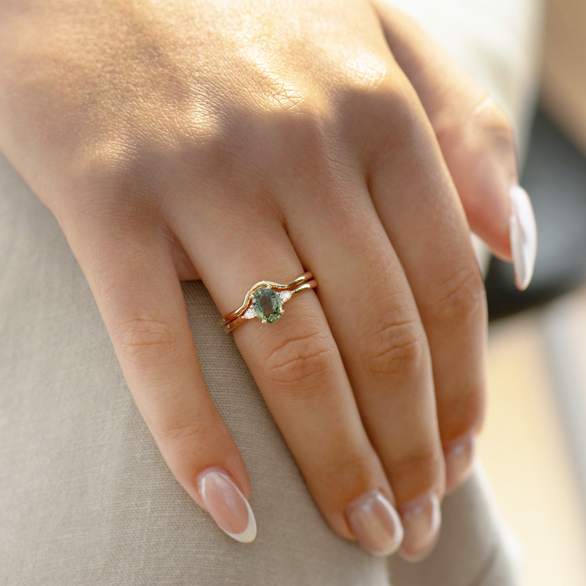 Three Stones Green Sapphire Engagement Set - Plain