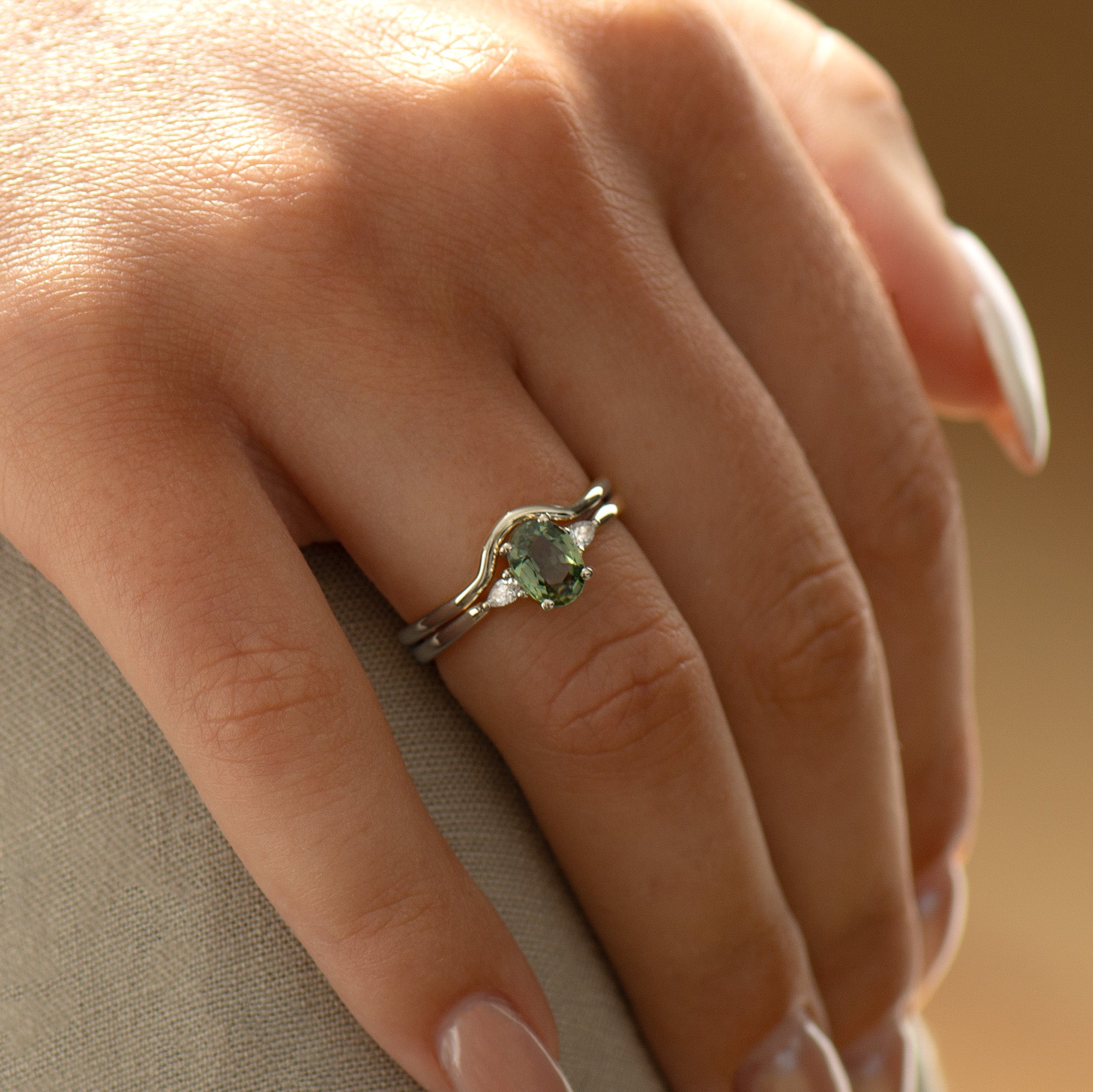 Three Stones Green Sapphire Engagement Set - Plain