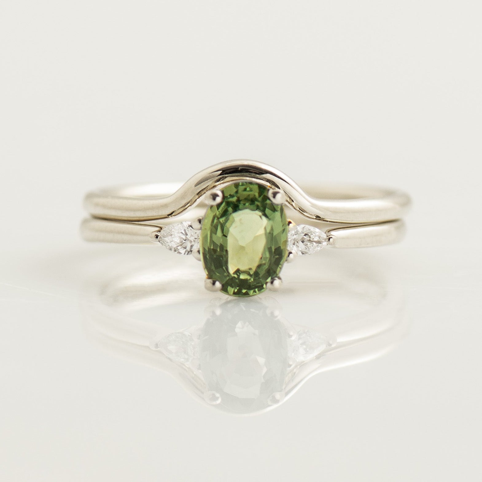 Three Stones Green Sapphire Engagement Set - Plain