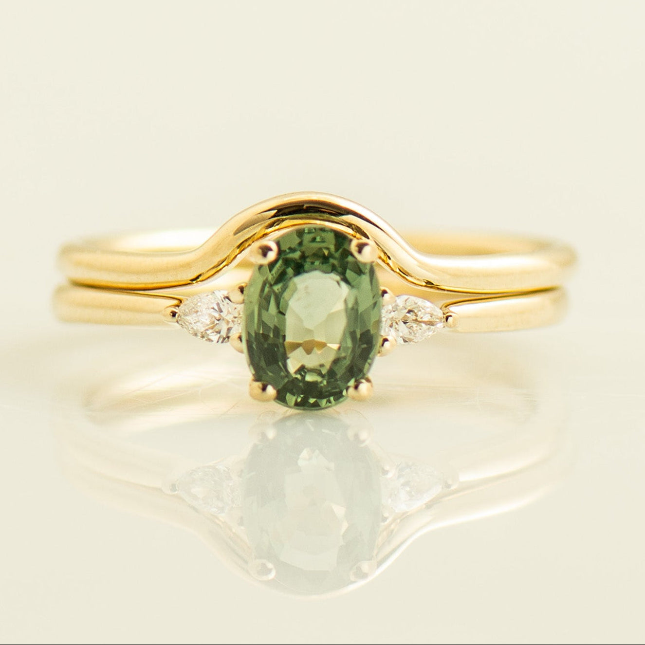 Three Stones Green Sapphire Engagement Set - Plain